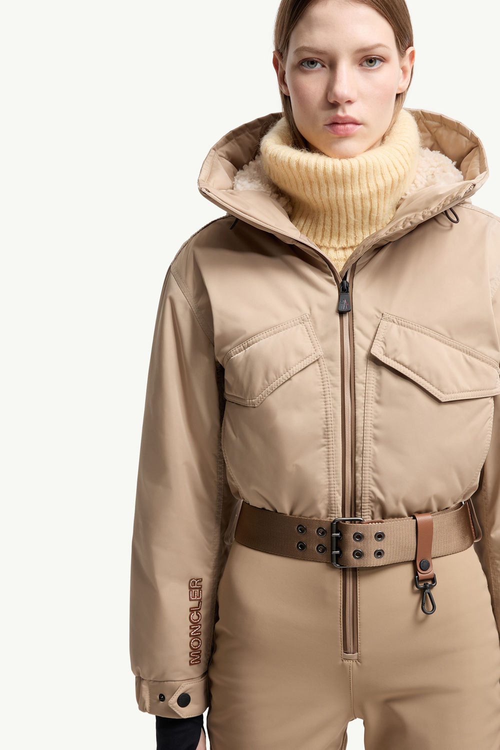 Hooded Down Ski Suit Women Camel Beige Moncler 7