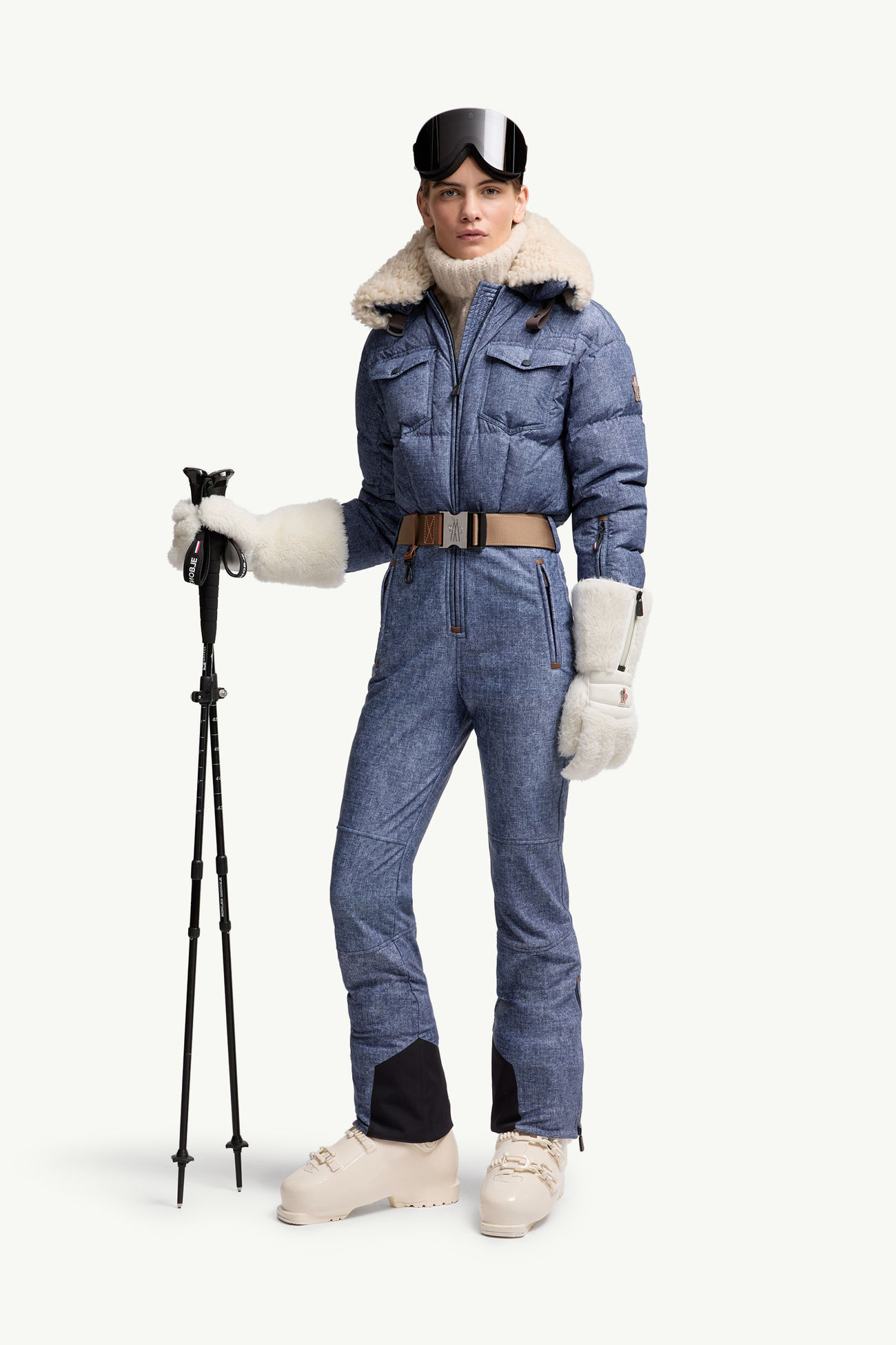 Completo da Sci Imbottito con Bordo in Shearling Donna Blu Denim Moncler 0