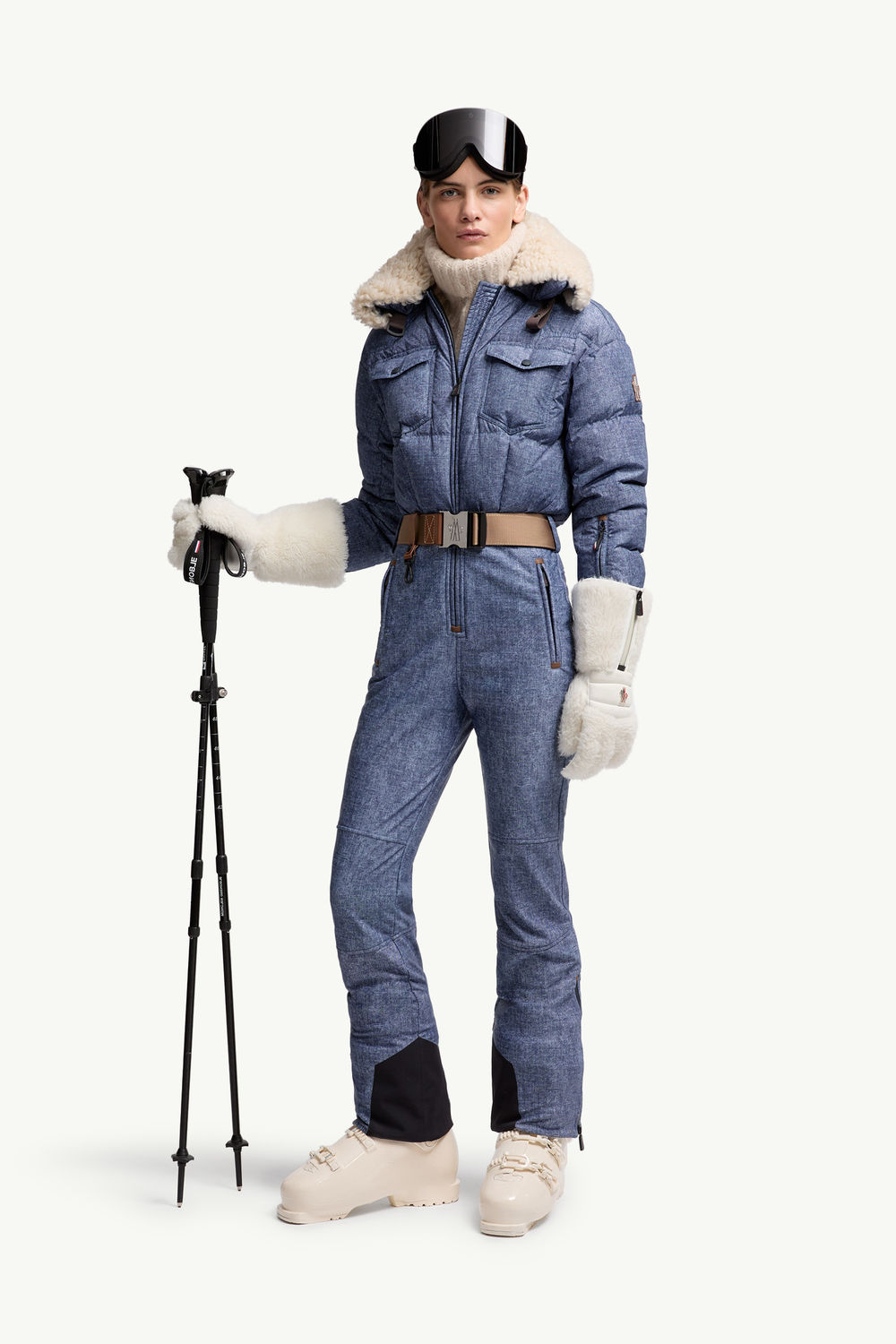 Shearling-Trimmed Down Ski Suit Women Denim Blue Moncler 0
