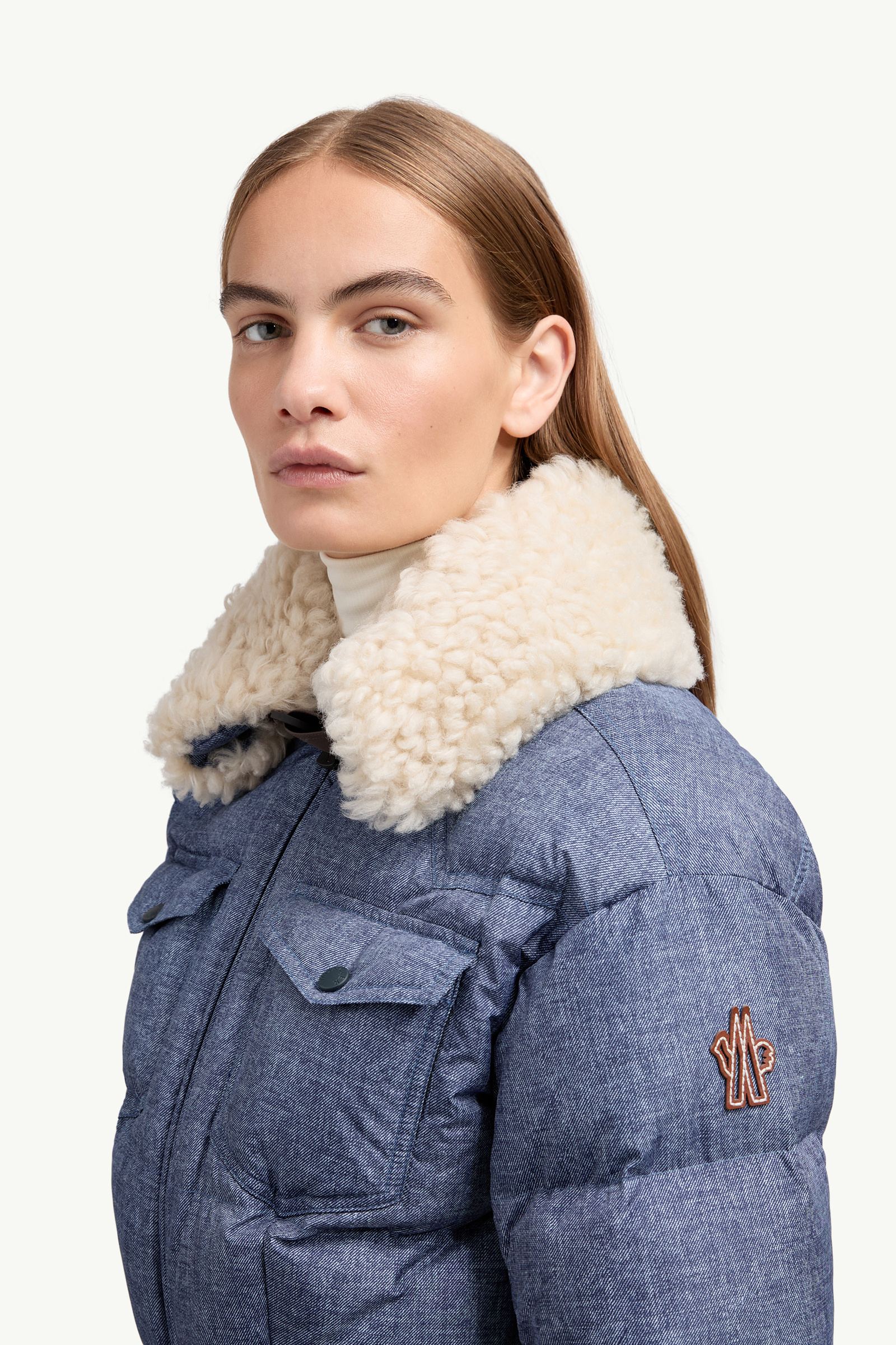 Shearling-Trimmed Down Ski Suit Women Denim Blue Moncler 1