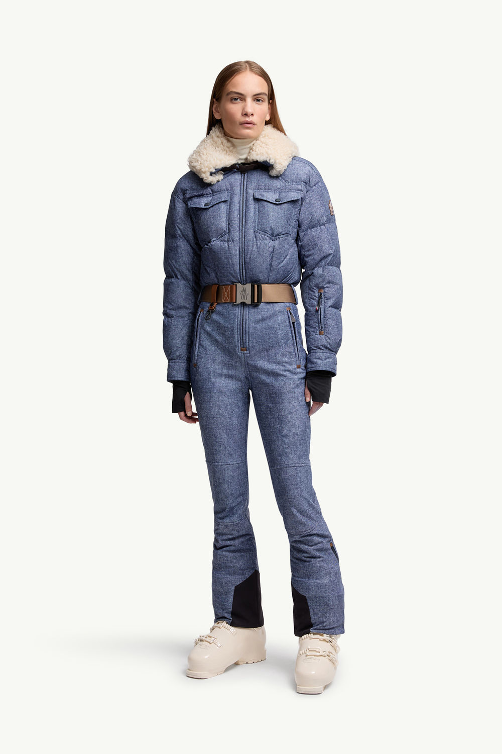 Shearling-Trimmed Down Ski Suit Women Denim Blue Moncler 3