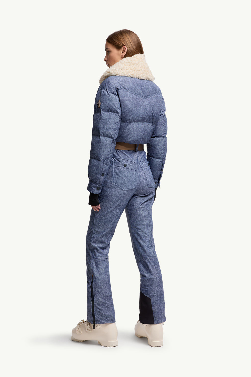 Shearling-Trimmed Down Ski Suit Women Denim Blue Moncler 4