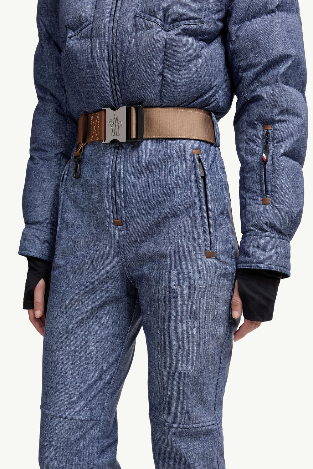 Shearling-Trimmed Down Ski Suit Women Denim Blue Moncler 5