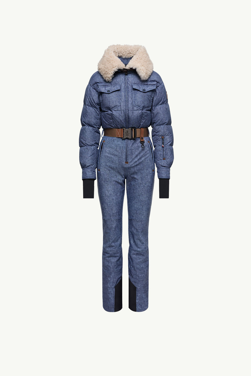 Shearling-Trimmed Down Ski Suit Women Denim Blue Moncler 2