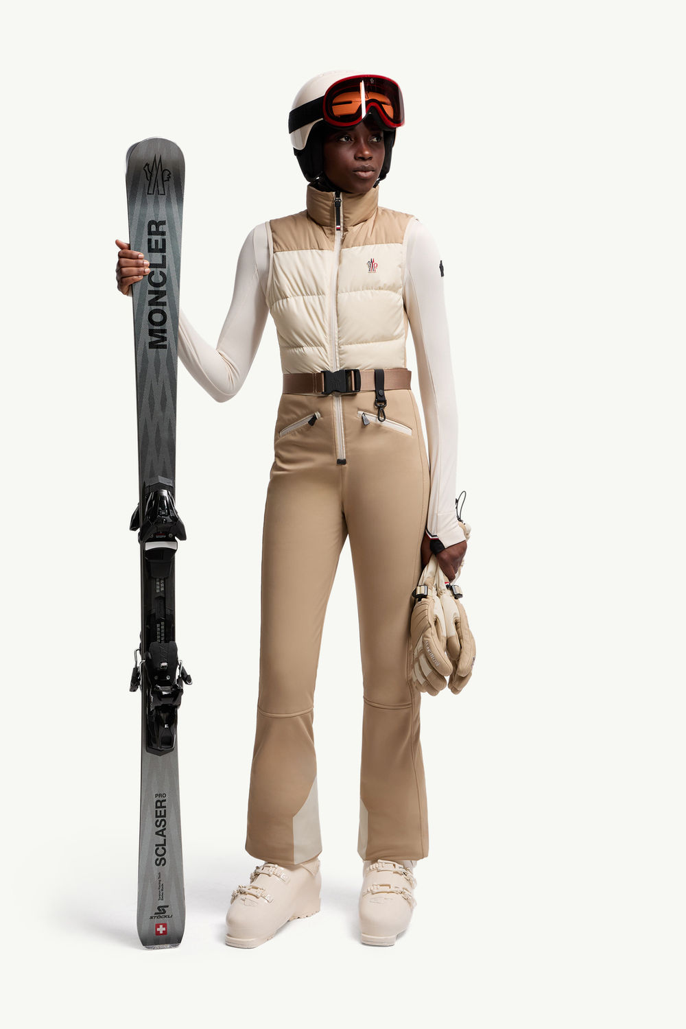 Down-Filled Ski Suit Women Beige & White Moncler 0