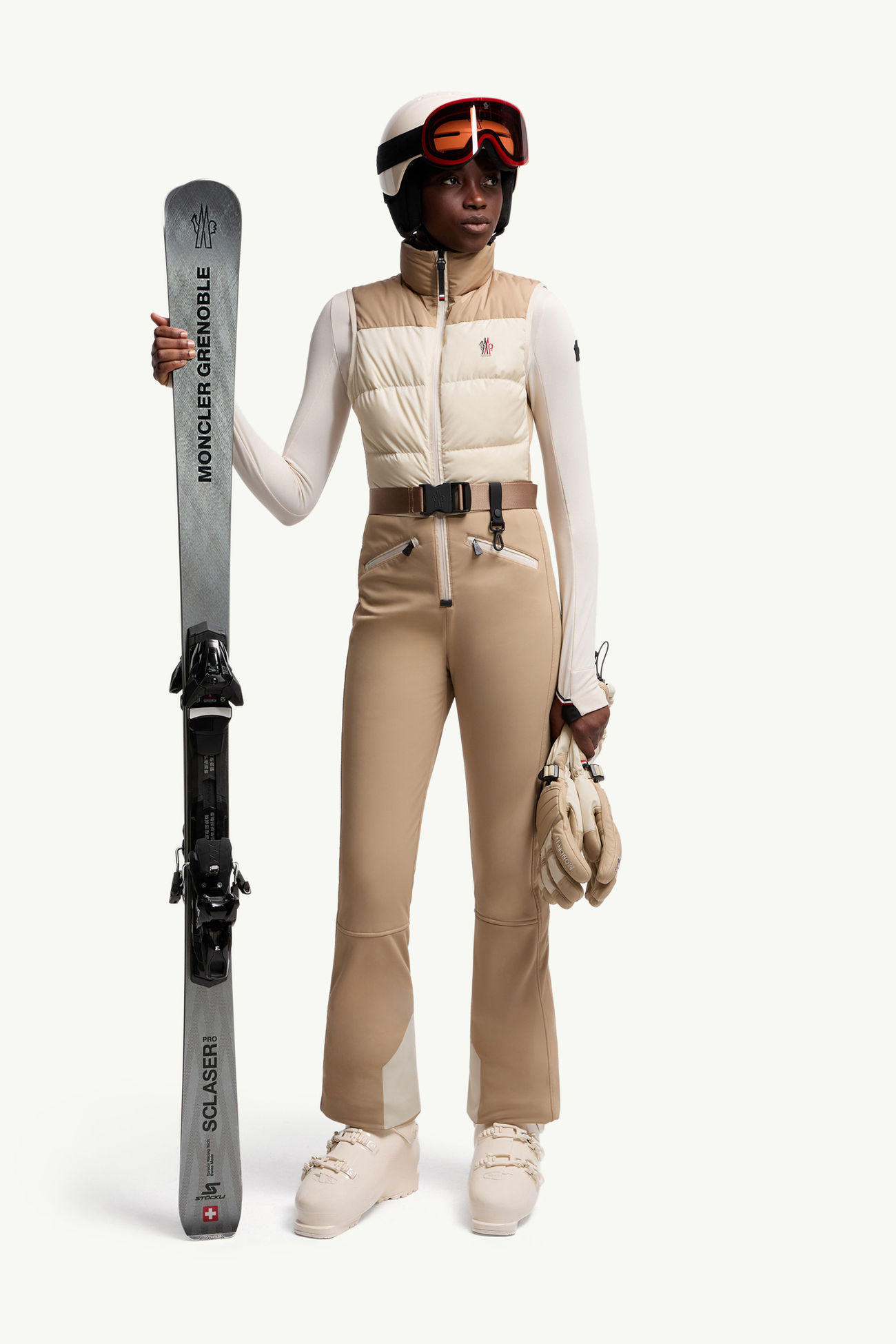 Down-Filled Ski Suit Women Beige & White Moncler 0