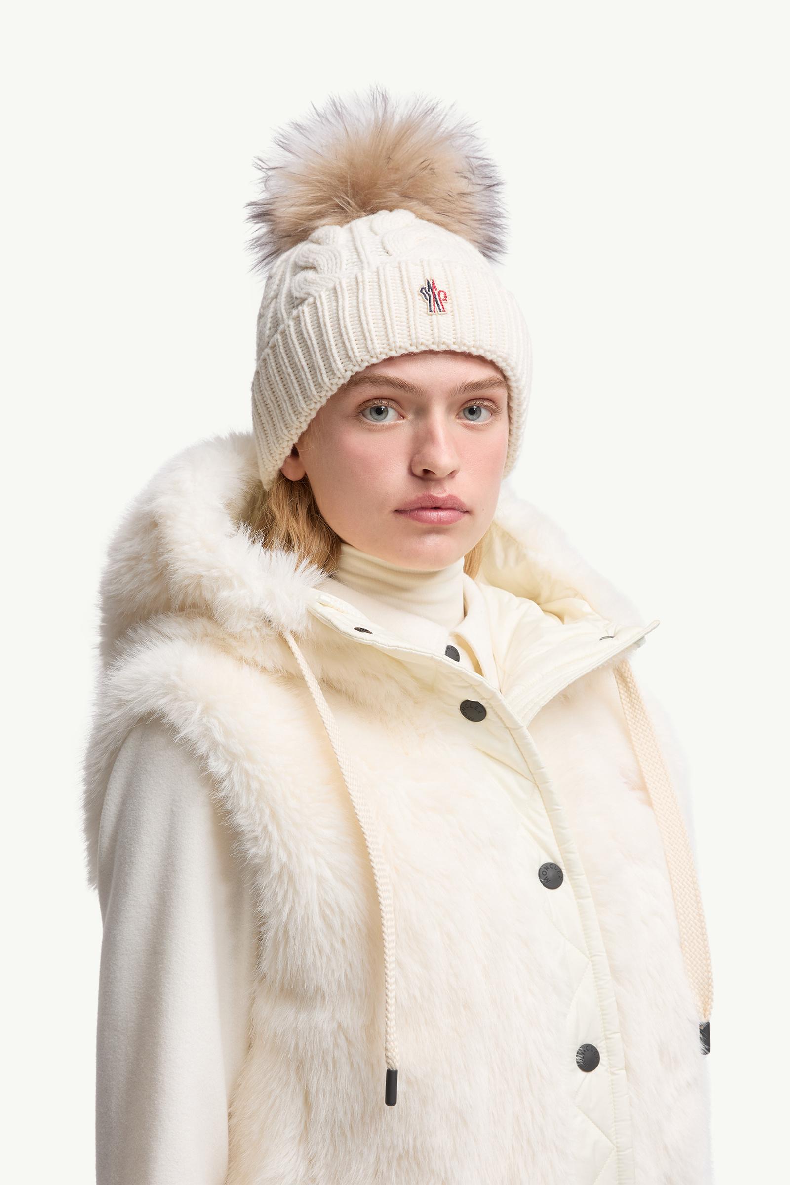 White Wool & Cashmere Beanie with Pom Pom - Hats & Beanies for