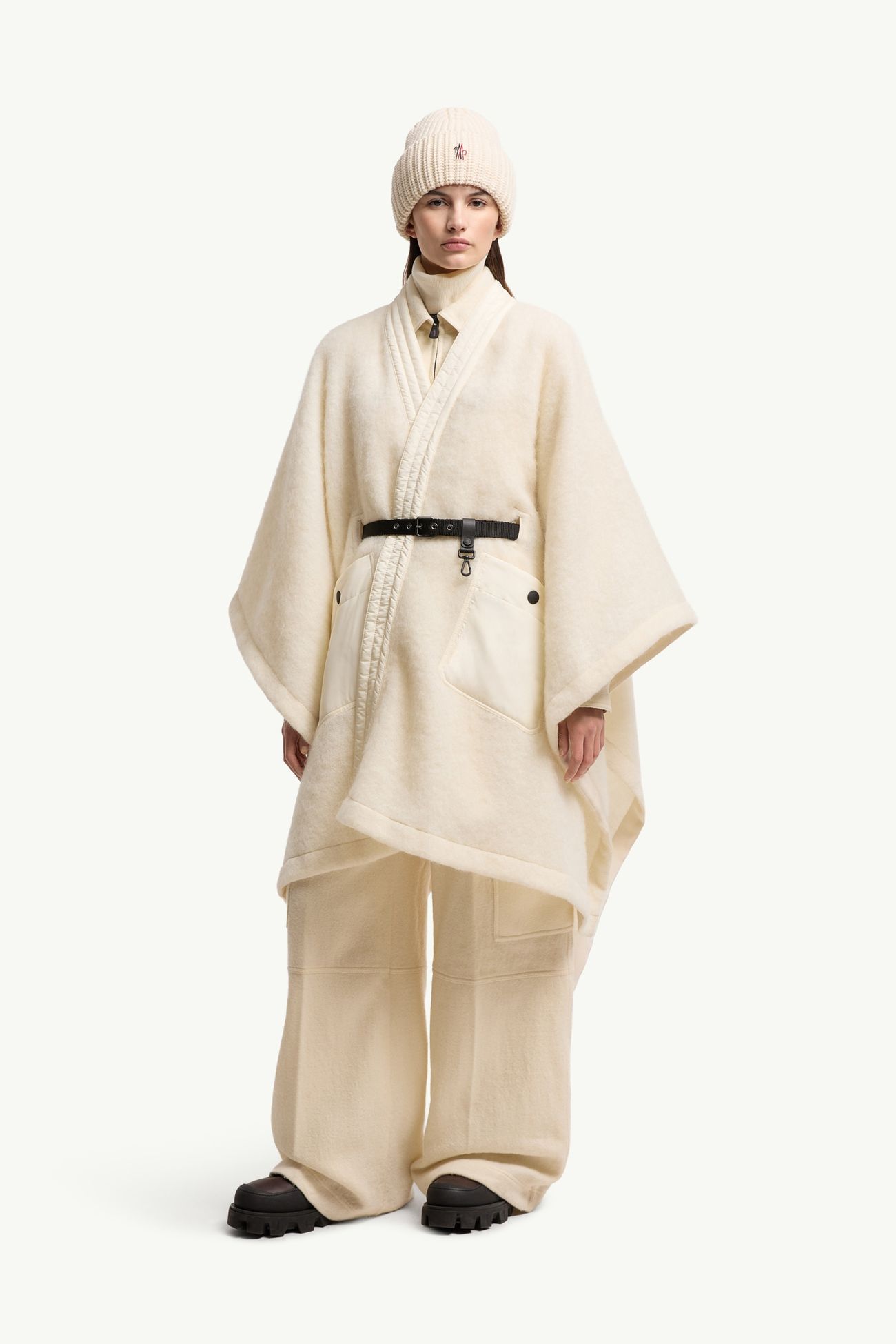 Cape ceinturée en mélange de mohair, d’alpaga et de laine Femmes Blanc Ivoire Moncler 0