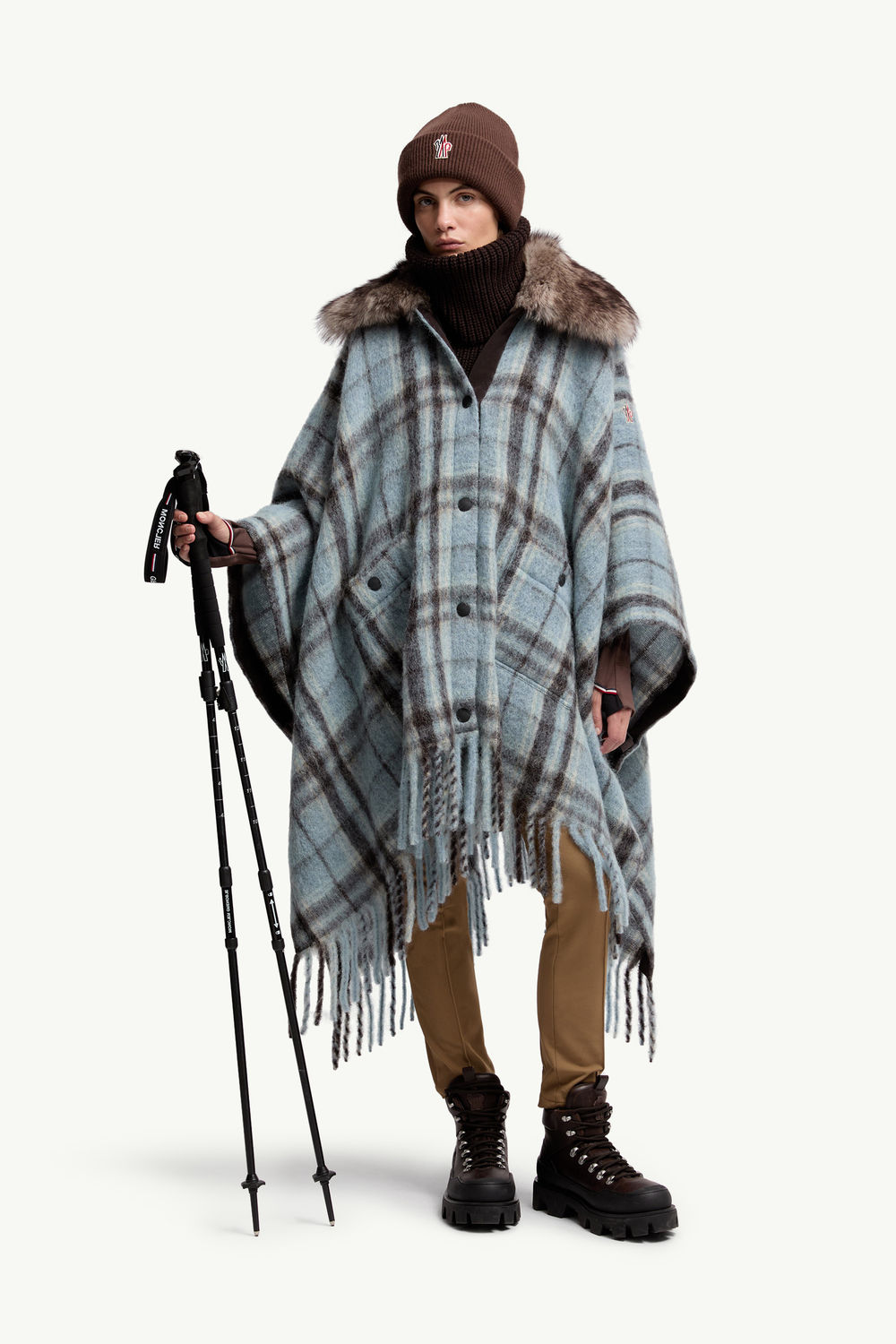 Mohair, Alpaca & Wool Blend Plaid Cape Women Light Blue & Brown Moncler 0