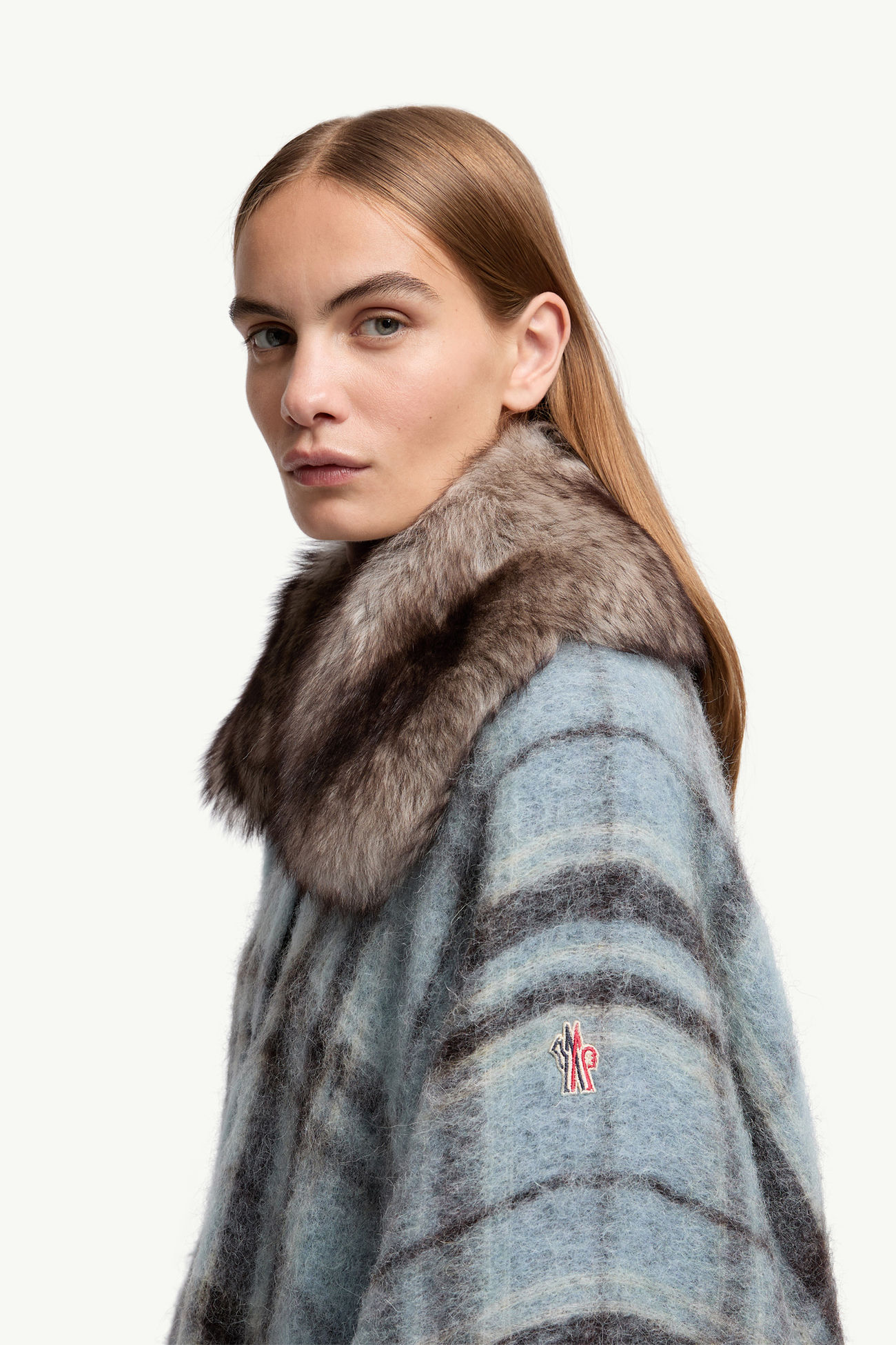 馬海毛、羊駝毛及羊毛混紡格紋斗篷 女士 淺藍色和啡色 Moncler 1