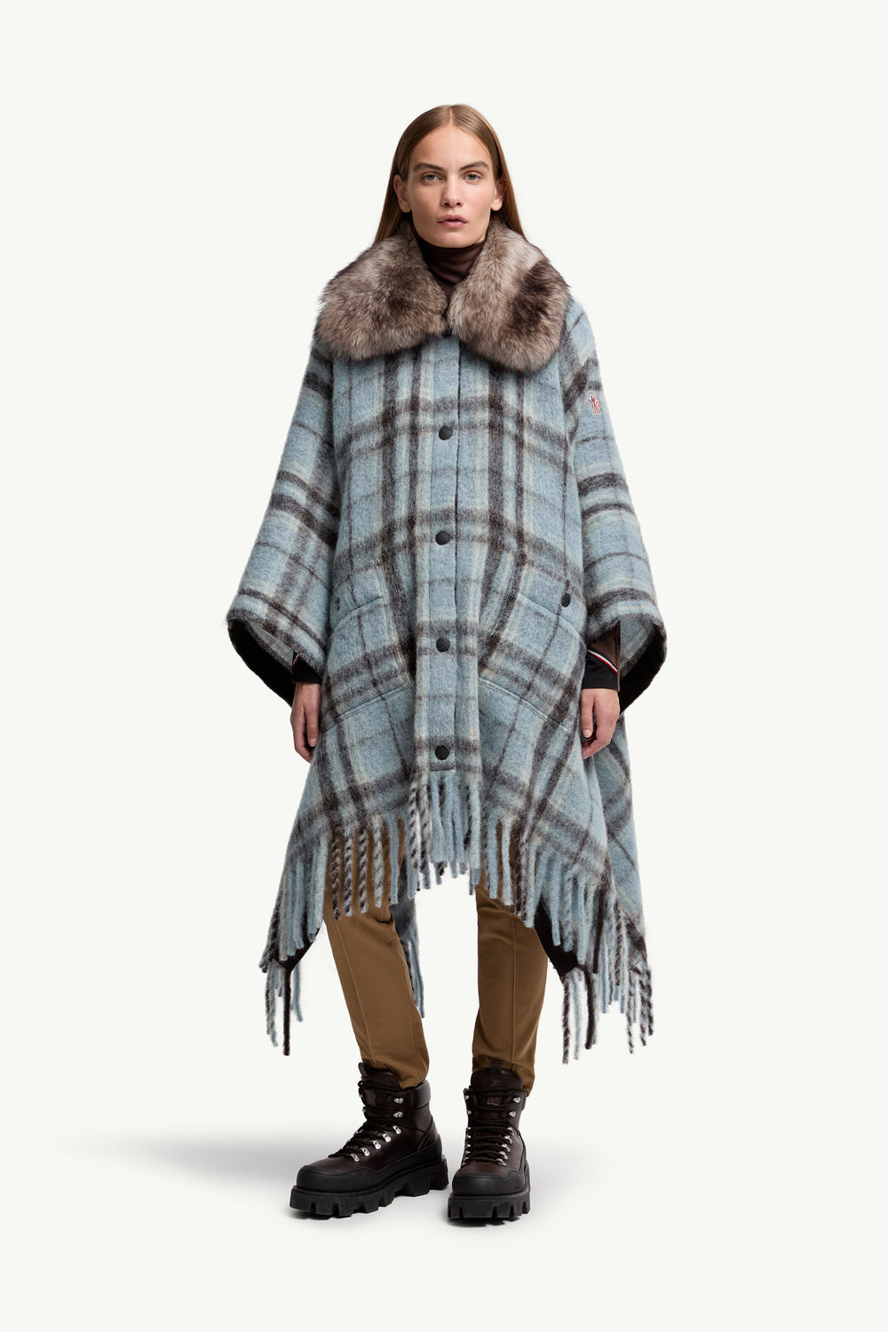 Mohair, Alpaca & Wool Blend Plaid Cape Women Light Blue & Brown Moncler 3