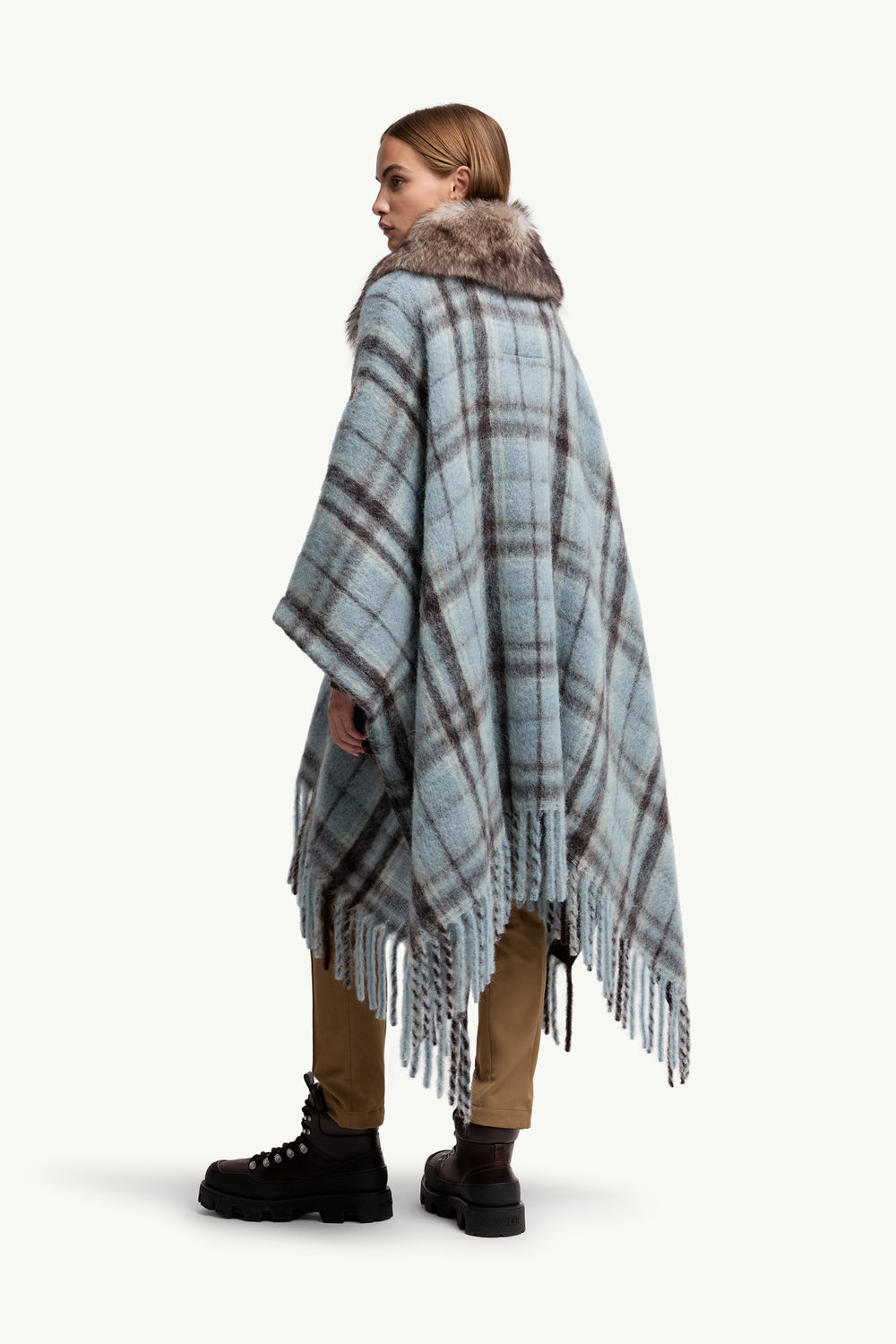 Mohair, Alpaca & Wool Blend Plaid Cape Women Light Blue & Brown Moncler 4