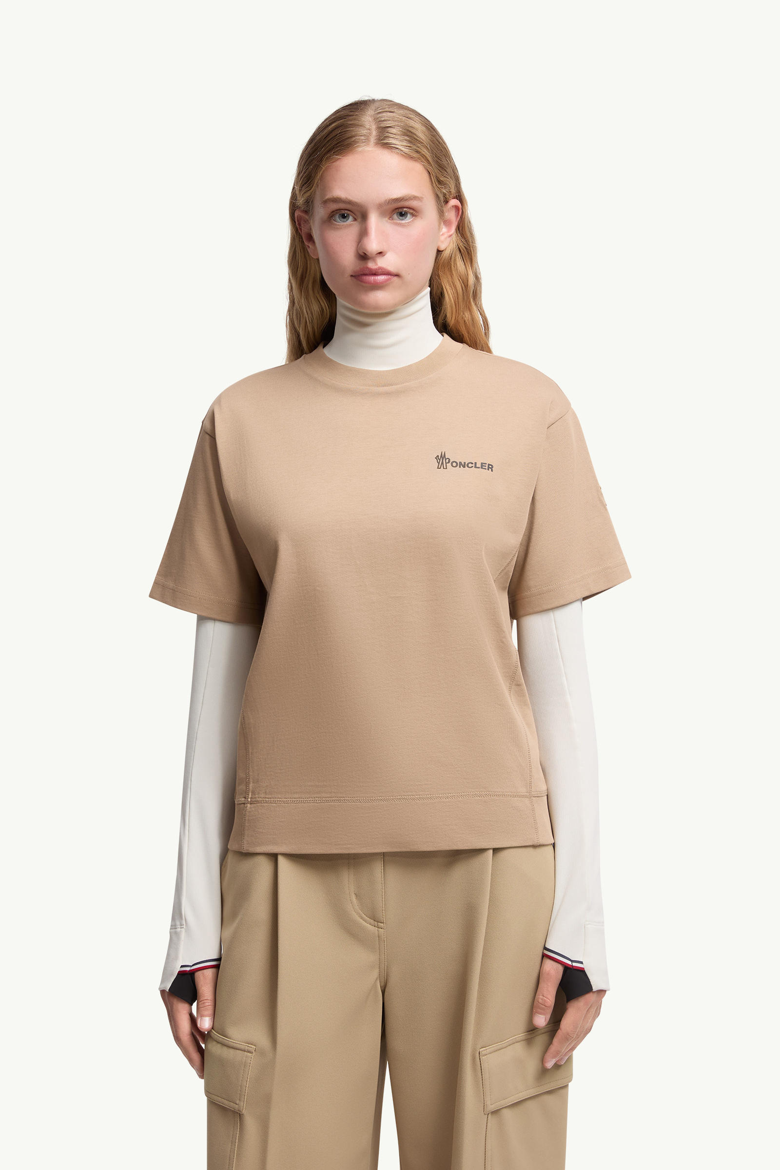 Embossed Logo Cotton T-Shirt Women Beige Moncler 3