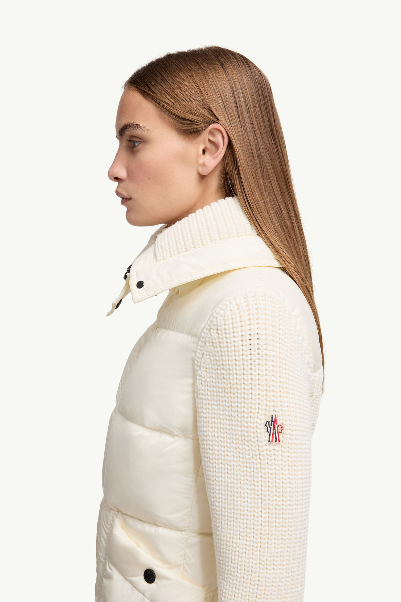 Wattierte Strickjacke aus Wolle mit Reißverschluss Damen Weiß-Elfenbein Moncler 1