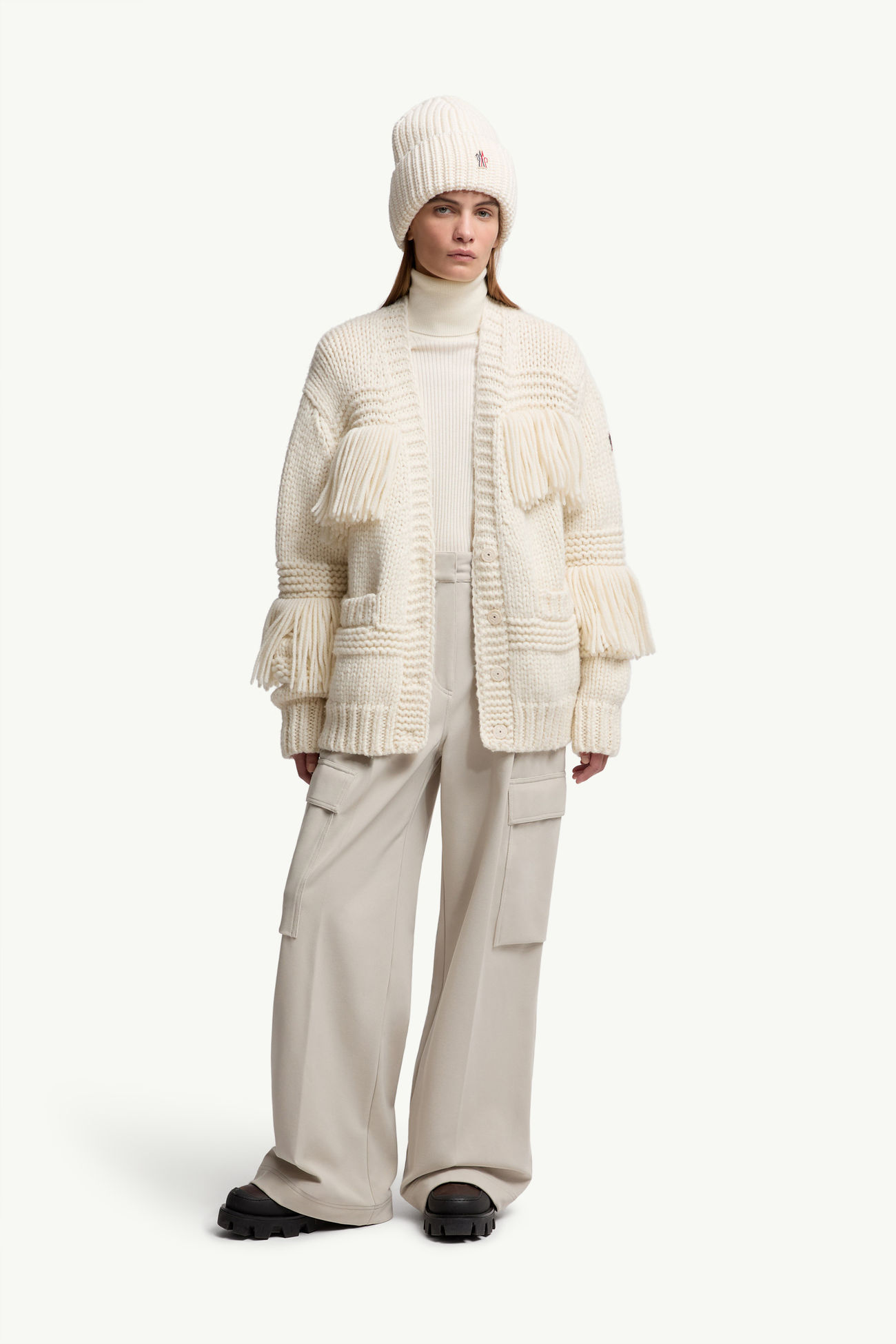 Cardigan in Misto Lana con Frange e Scollo a V Donna Bianco Avorio Moncler 0