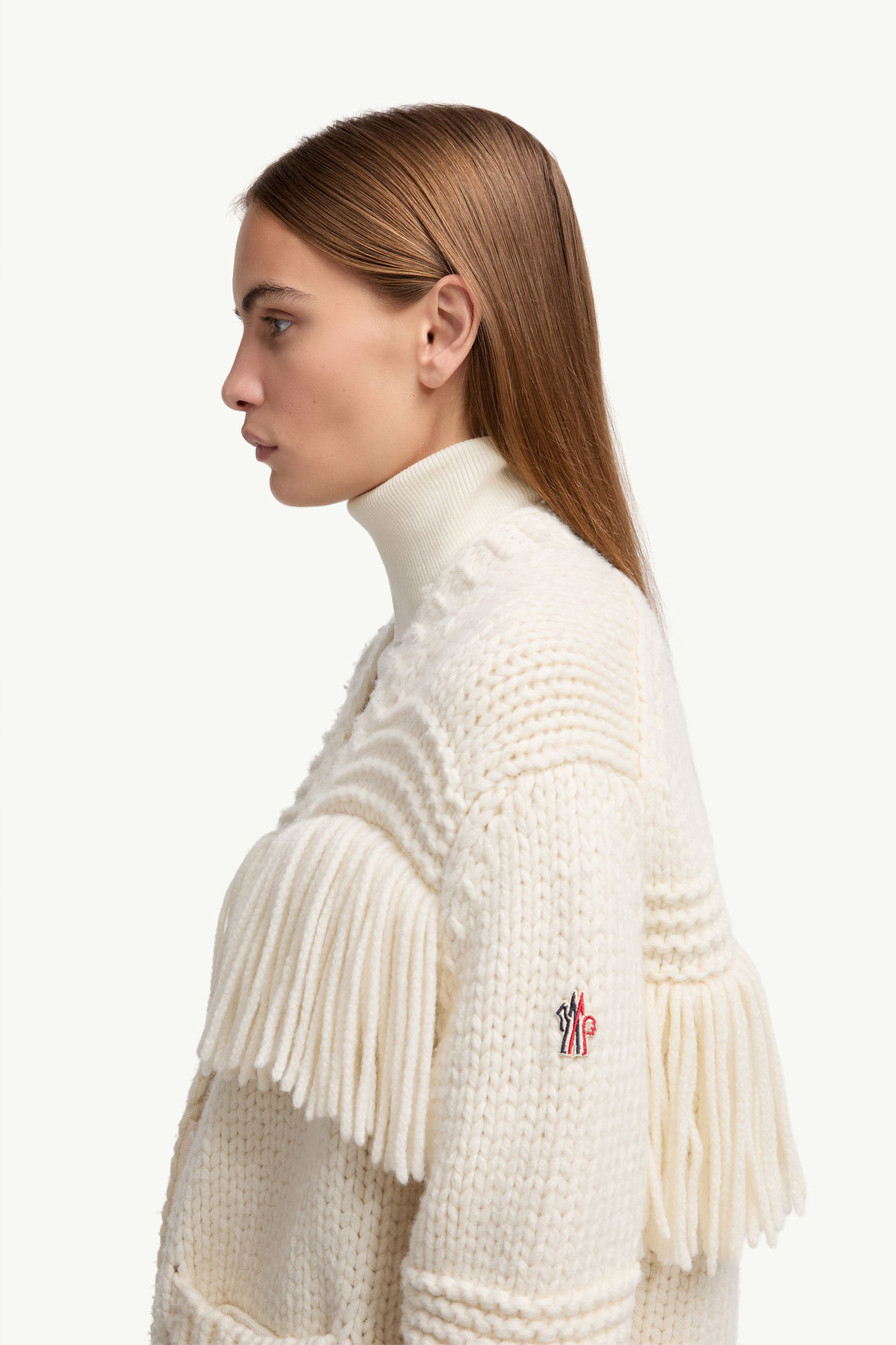Strickjacke aus Wollmischung mit Fransenbesatz und V-Ausschnitt Damen Weiß-Elfenbein Moncler 1