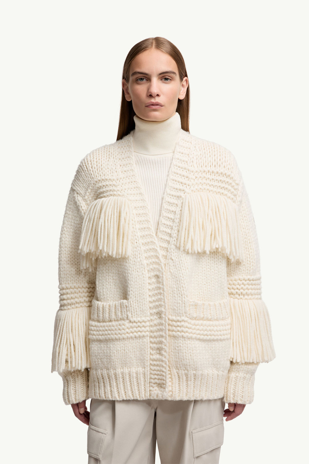 Fringe-Trim Wool Blend V-Neck Cardigan Women White Ivory Moncler 3