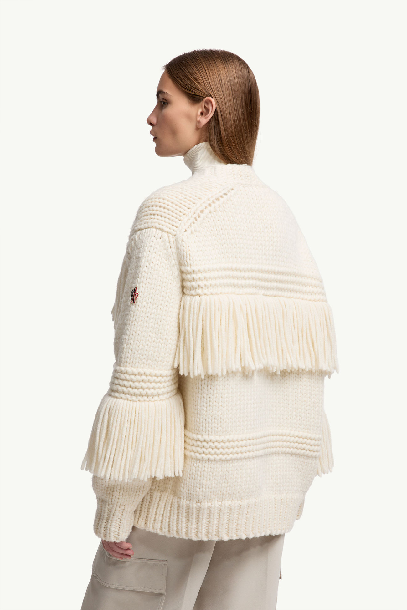 Cárdigan con cuello de pico de mezcla de lana  con ribete con flecos Mujer Blanco Marfil Moncler 4