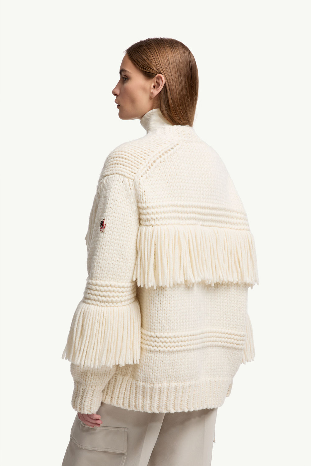 Fringe-Trim Wool Blend V-Neck Cardigan Women White Ivory Moncler 4