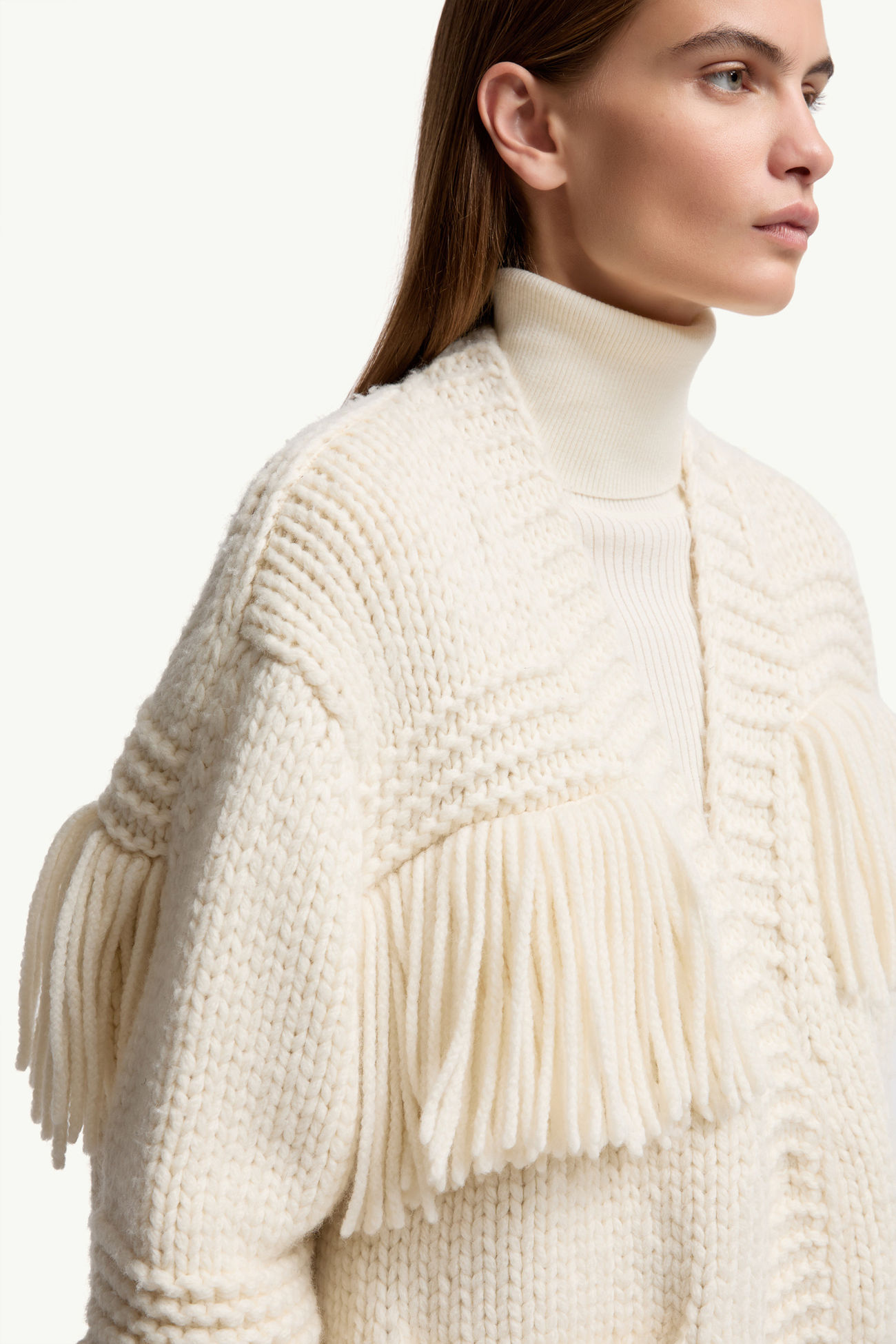 Strickjacke aus Wollmischung mit Fransenbesatz und V-Ausschnitt Damen Weiß-Elfenbein Moncler 5