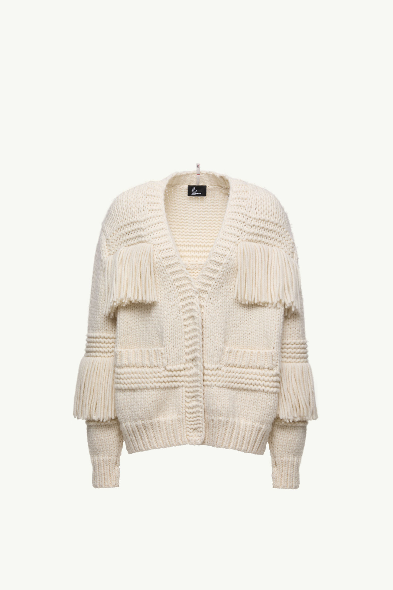 Cárdigan con cuello de pico de mezcla de lana  con ribete con flecos Mujer Blanco Marfil Moncler 2