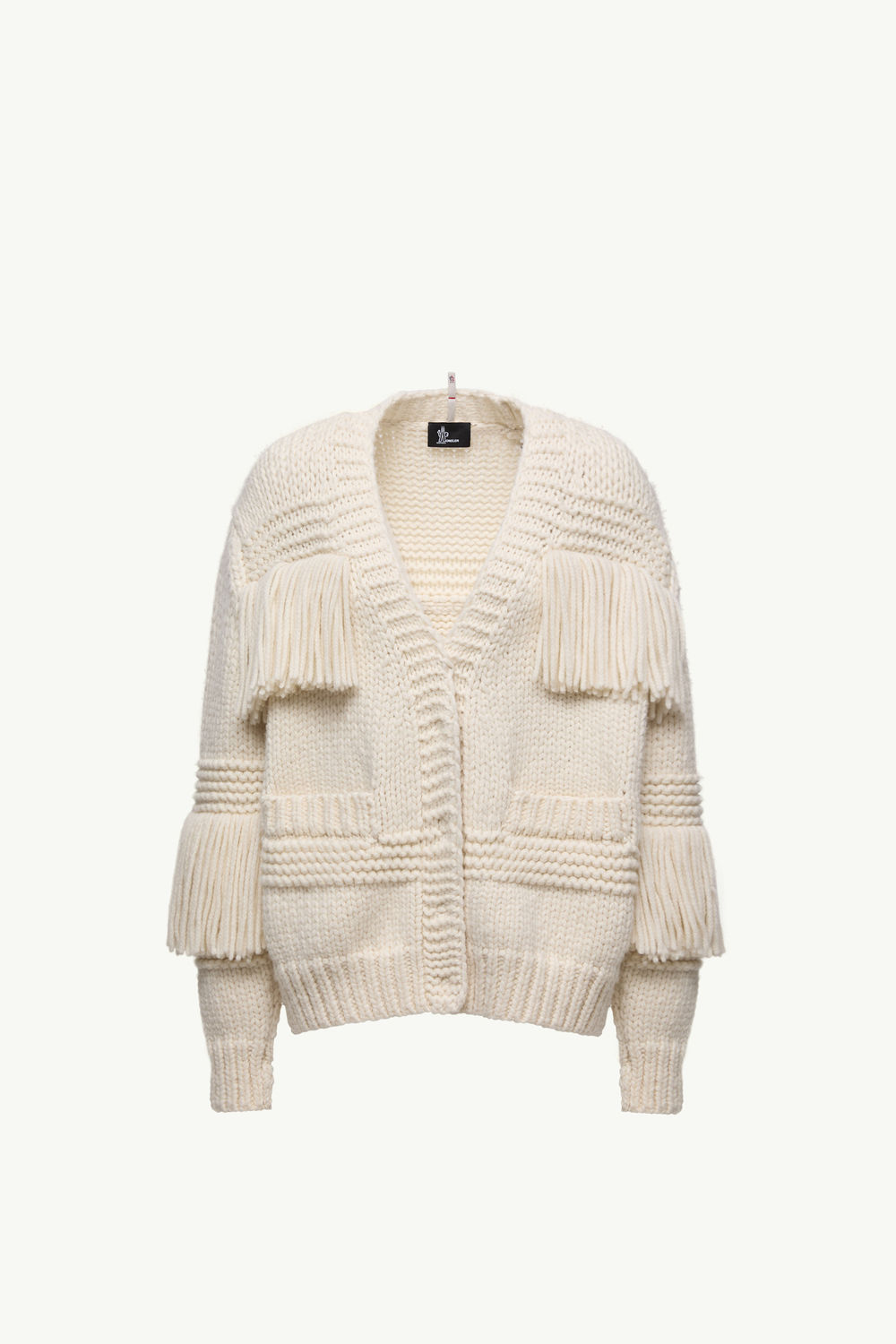 Fringe-Trim Wool Blend V-Neck Cardigan Women White Ivory Moncler 2