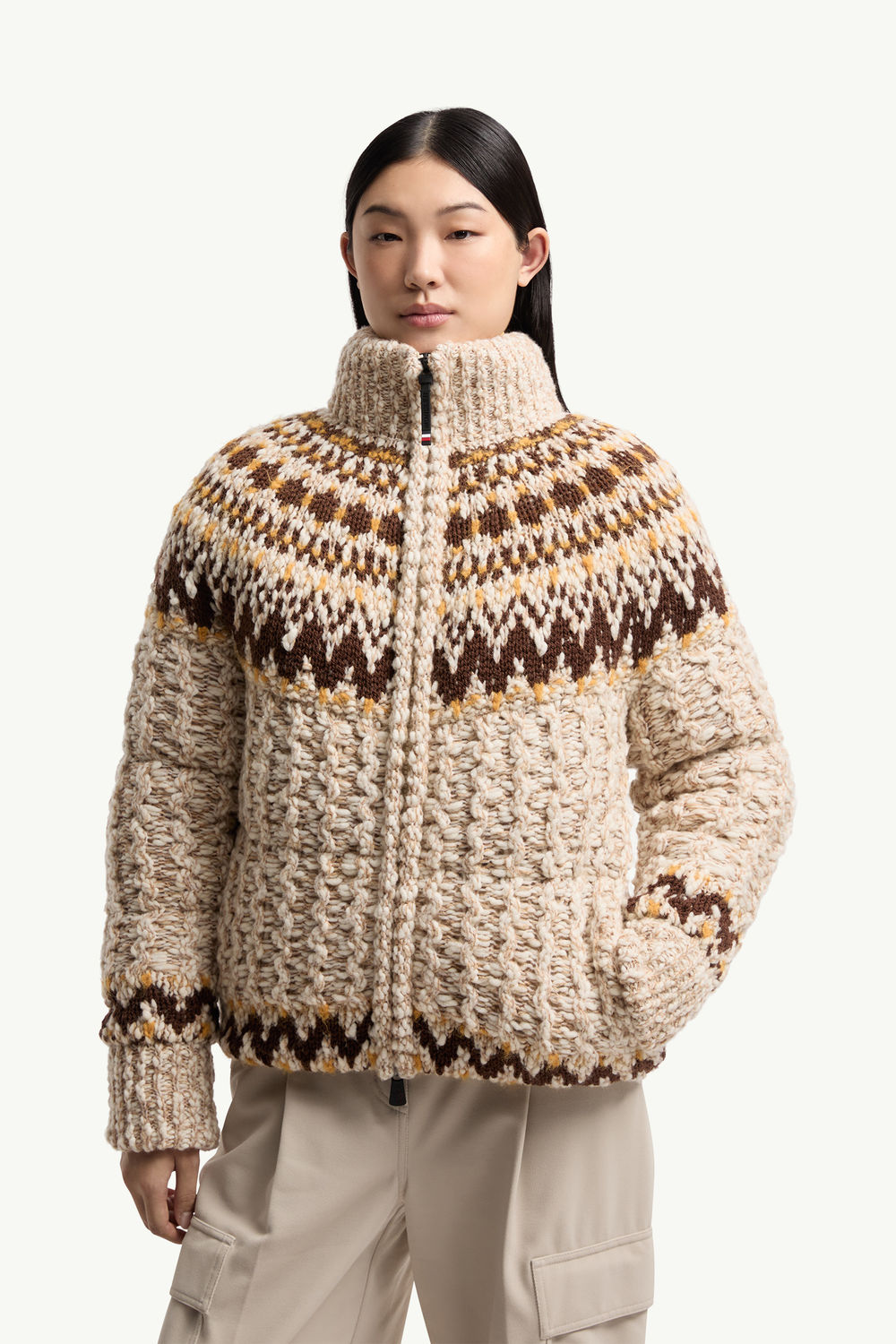 Girose Wool Blend Zip-Up Cardigan Women Beige & Brown Moncler 4