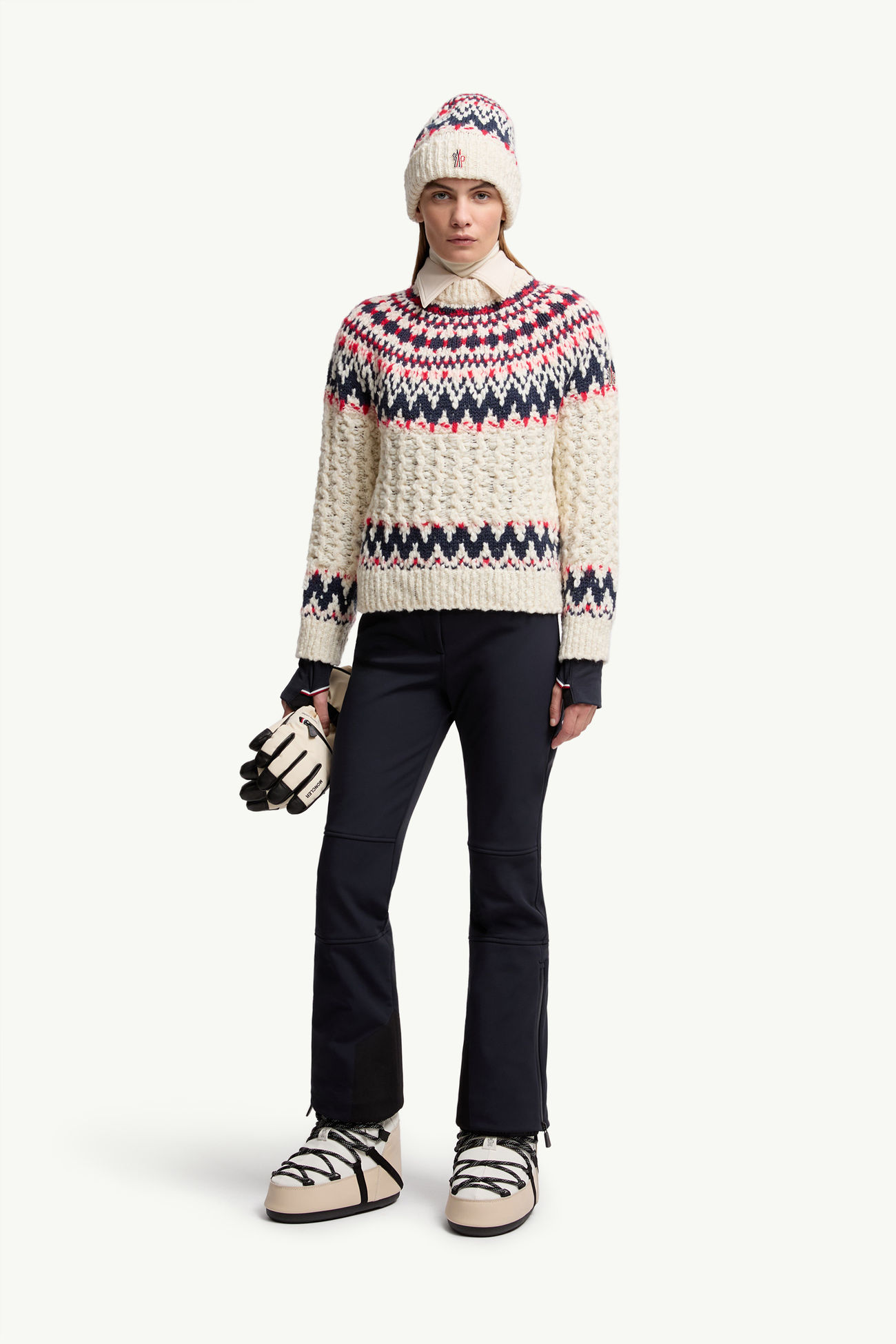 Maglione in Misto Lana Jacquard con Motivo Geometrico Donna Bianco & Blu & Rosso Moncler 0