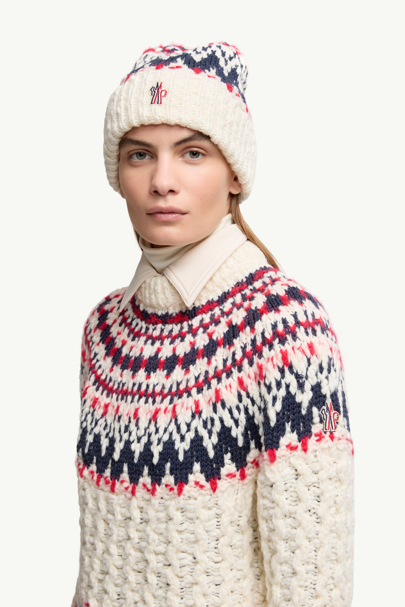 Jersey de mezcla de lana y jacquard geométrico Mujer Blanco & Azul & Rojo Moncler 1