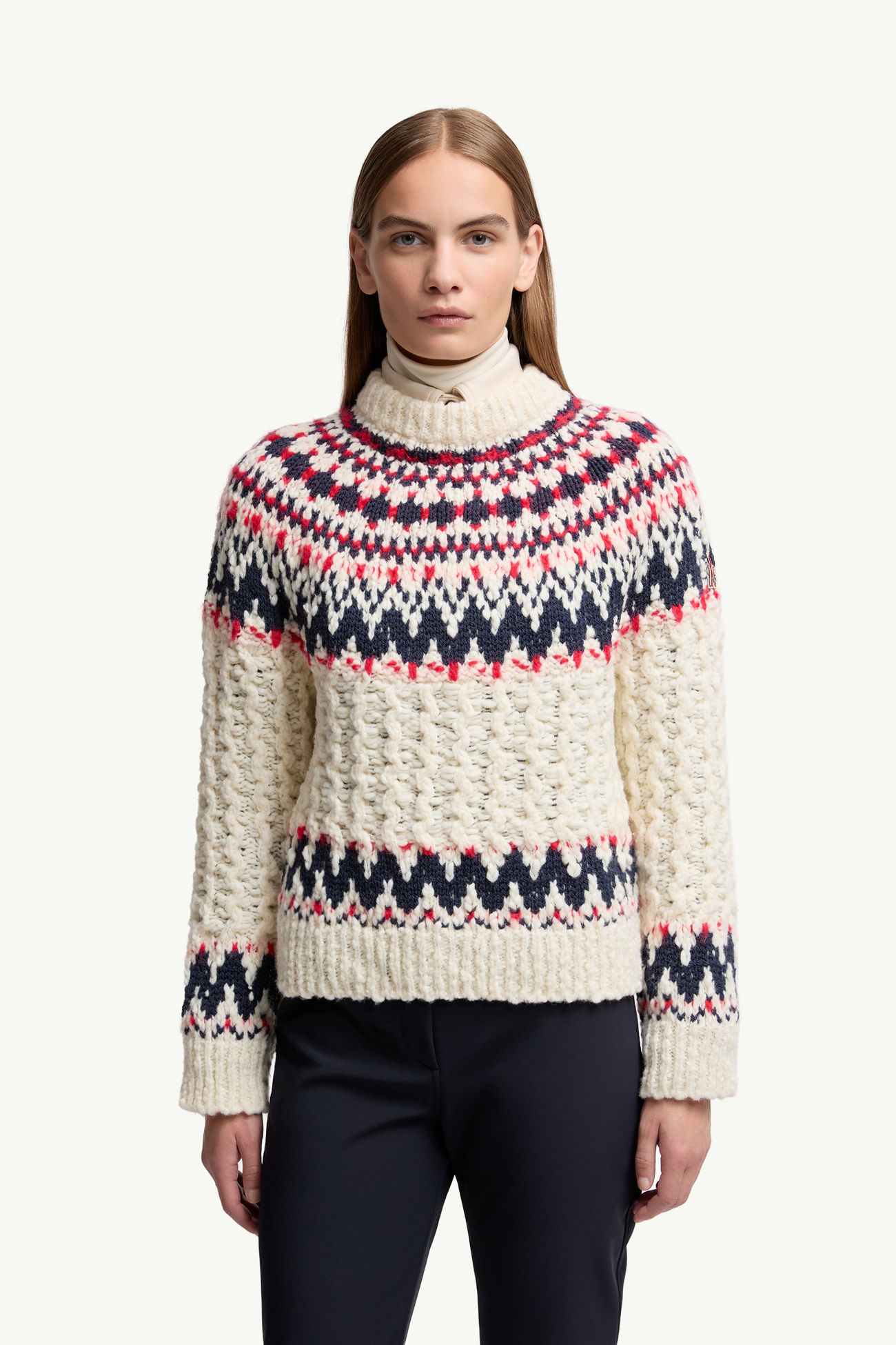 Maglione in Misto Lana Jacquard con Motivo Geometrico Donna Bianco & Blu & Rosso Moncler 3