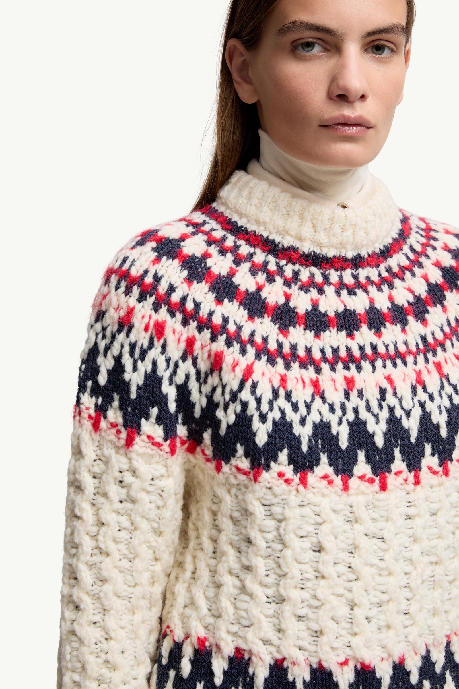 MONCLER カラフル刺繍ニット White & Blue & Red Geometric Jacquard Wool Blend Sweater
