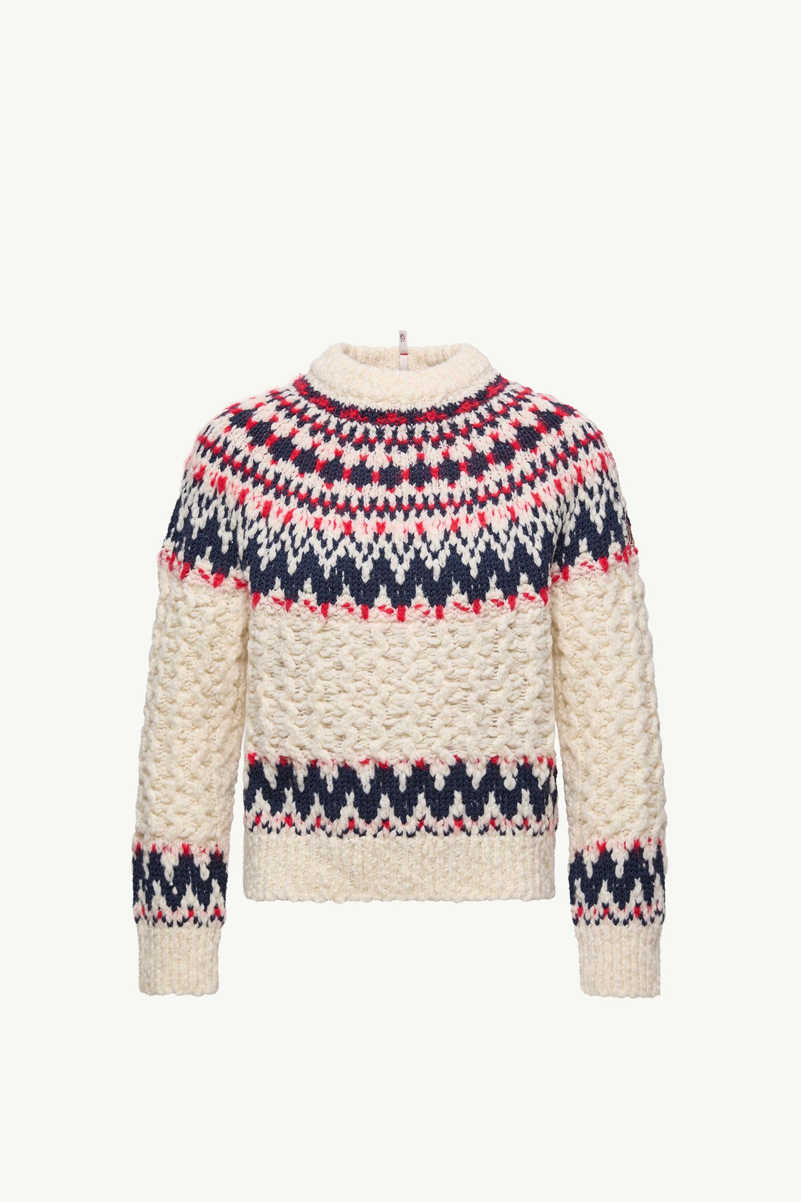 White & Blue & Red Geometric Jacquard Wool Blend Sweater