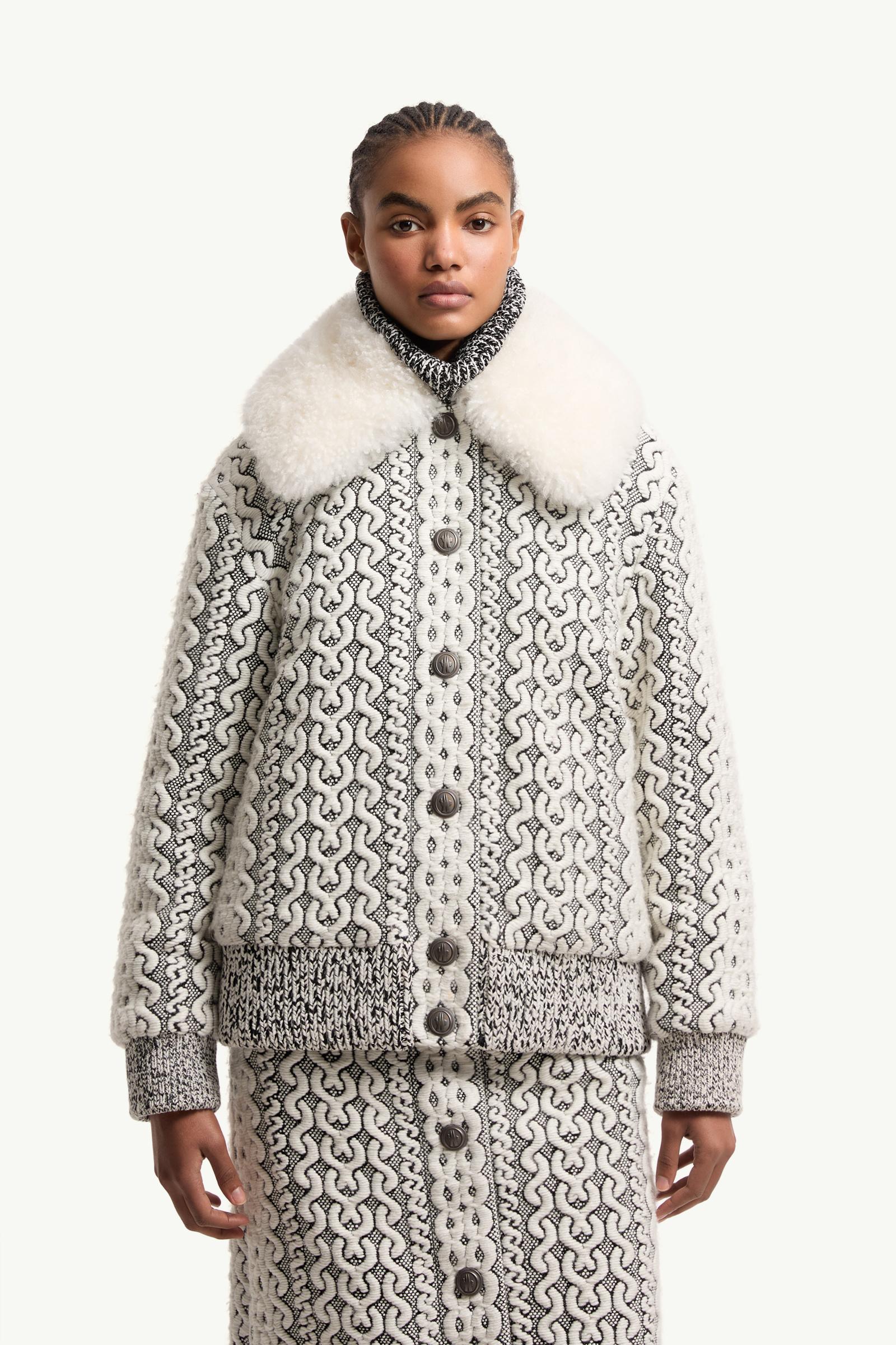 White & Grey Beille Shearling-Trimmed Down Bomber Jacket - Short