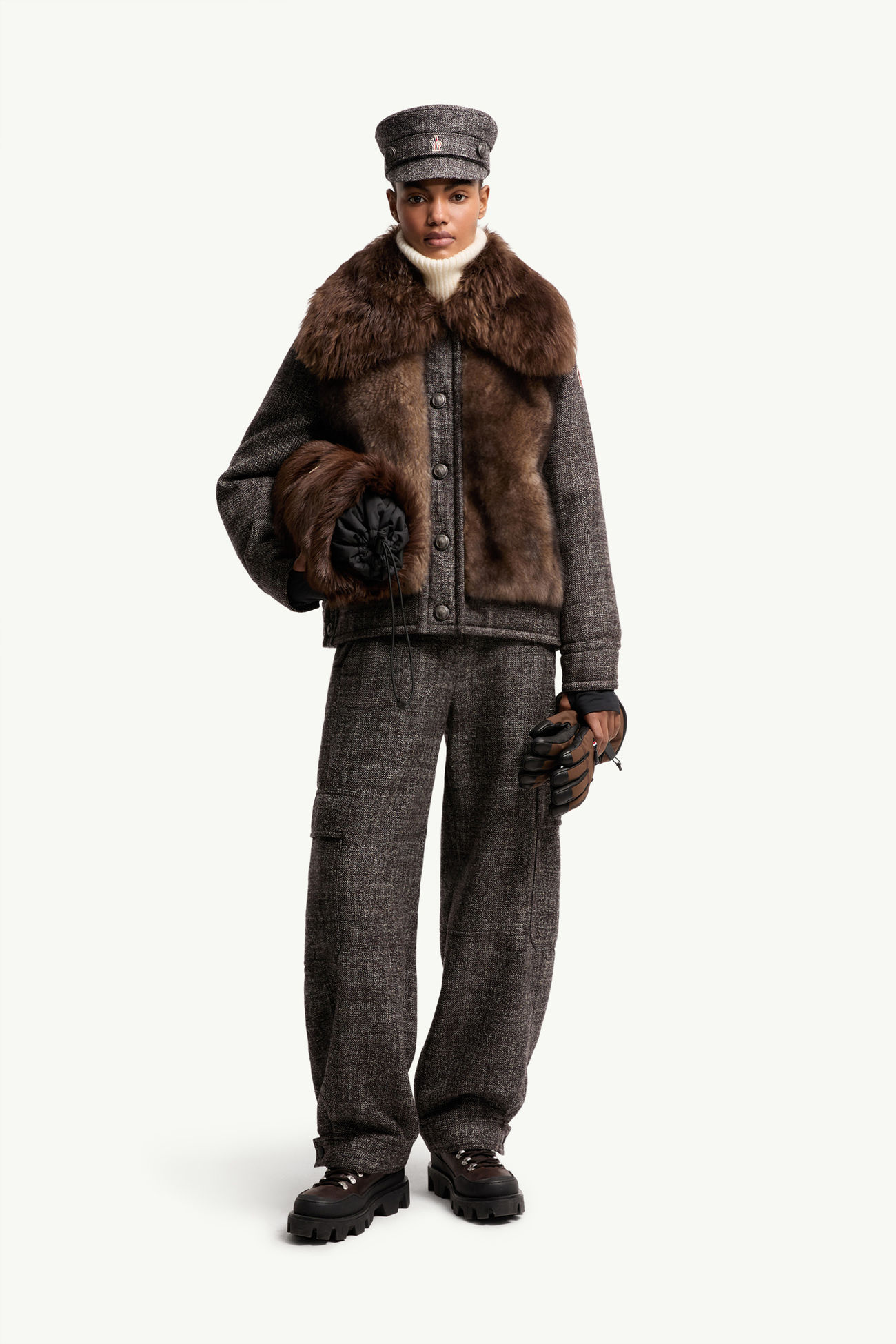 Faite Shearling & Wool Short Down Jacket Women Brown Moncler 0