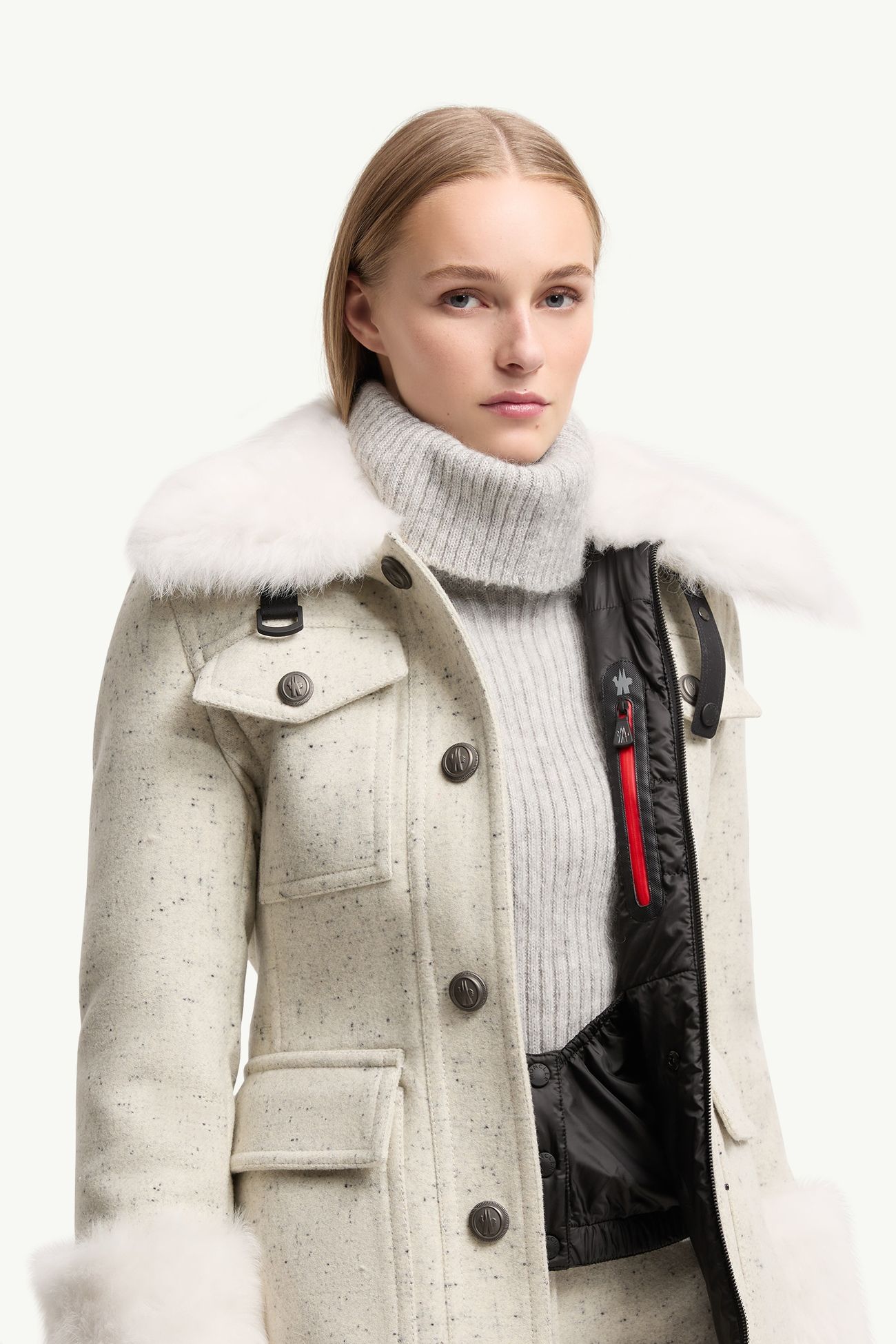 Devez Daunen-Feldjacke mit Besatz aus Wolle und Shearling. Damen Weiß Moncler 5