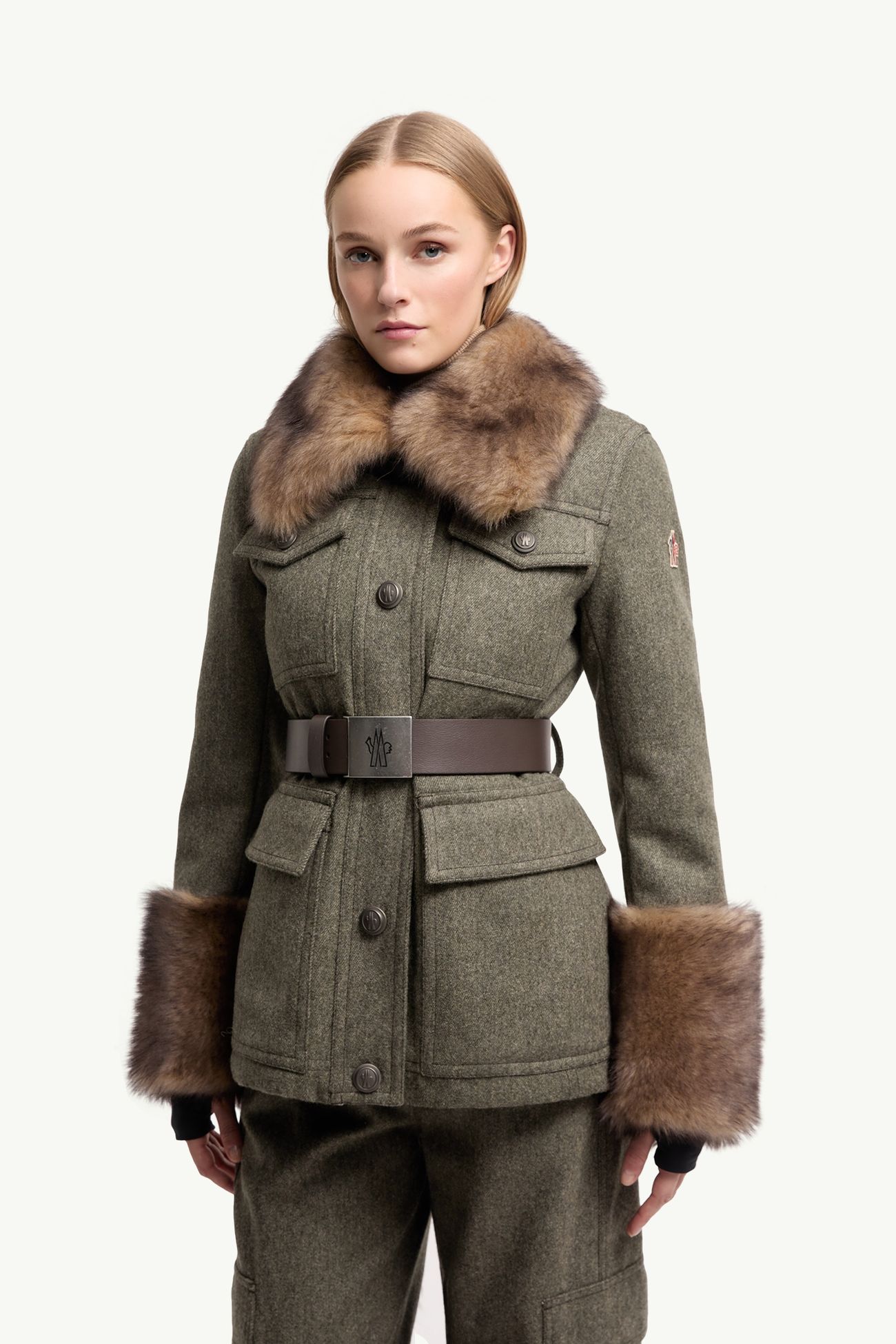 Devez Wool & Shearling-Trimmed Down Field Jacket Women Olive Green Moncler 3
