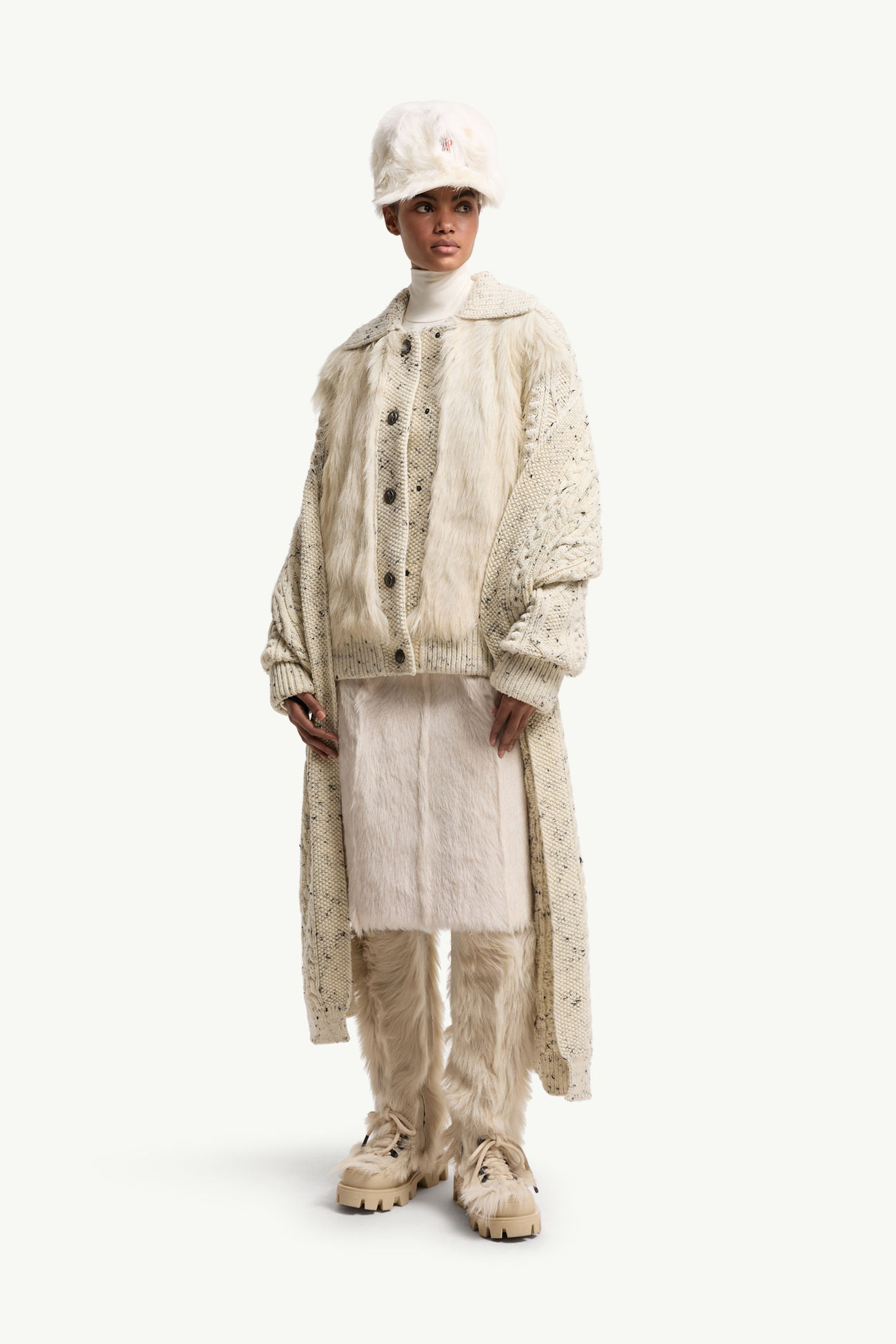 Cardigan imbottito in lana con dettaglio in shearling Donna Bianco Avorio Moncler 0