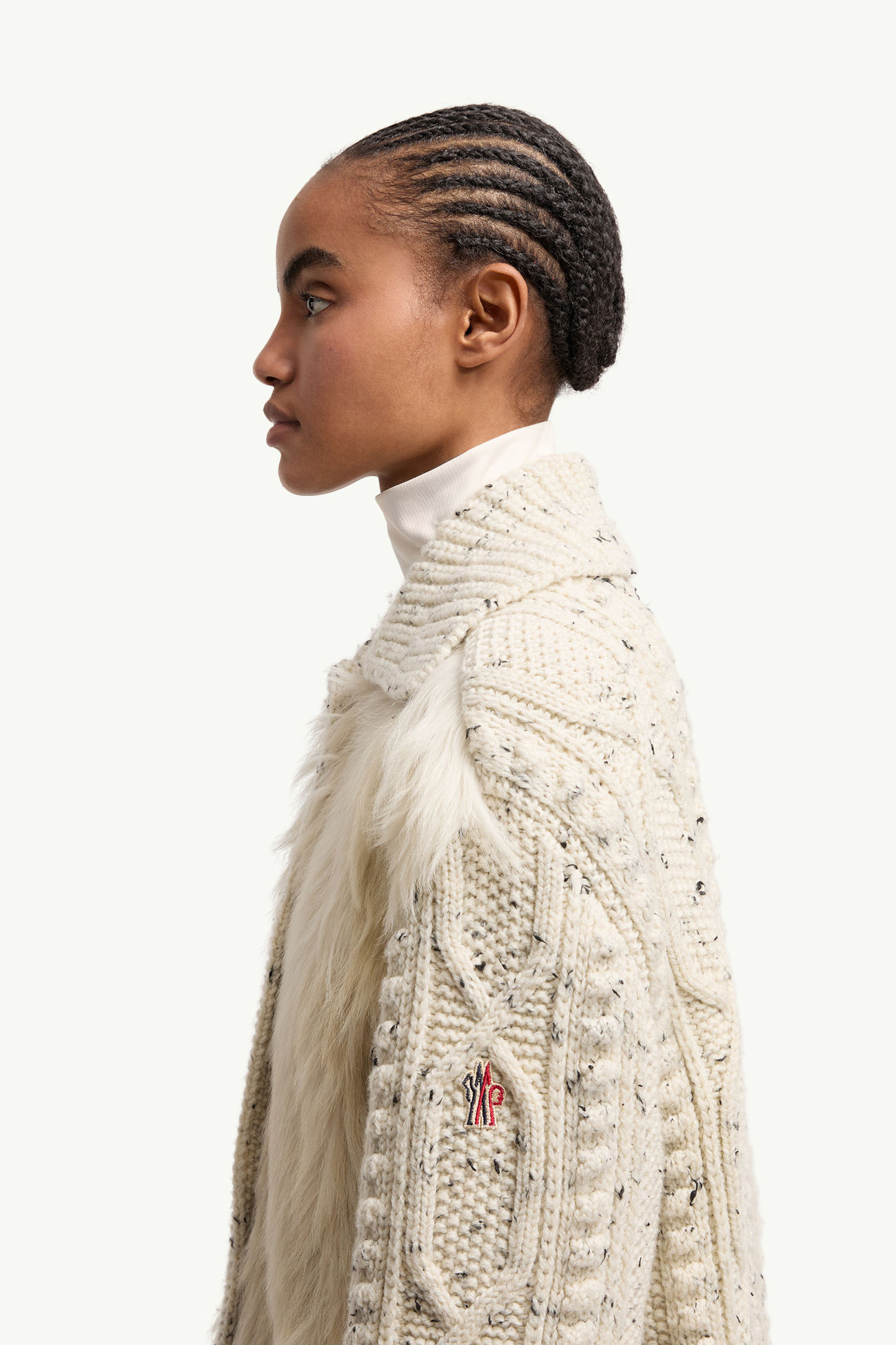 Gefütterte Wollstrickjacke mit Shearling-Besatz Damen Weiß-Elfenbein Moncler 1