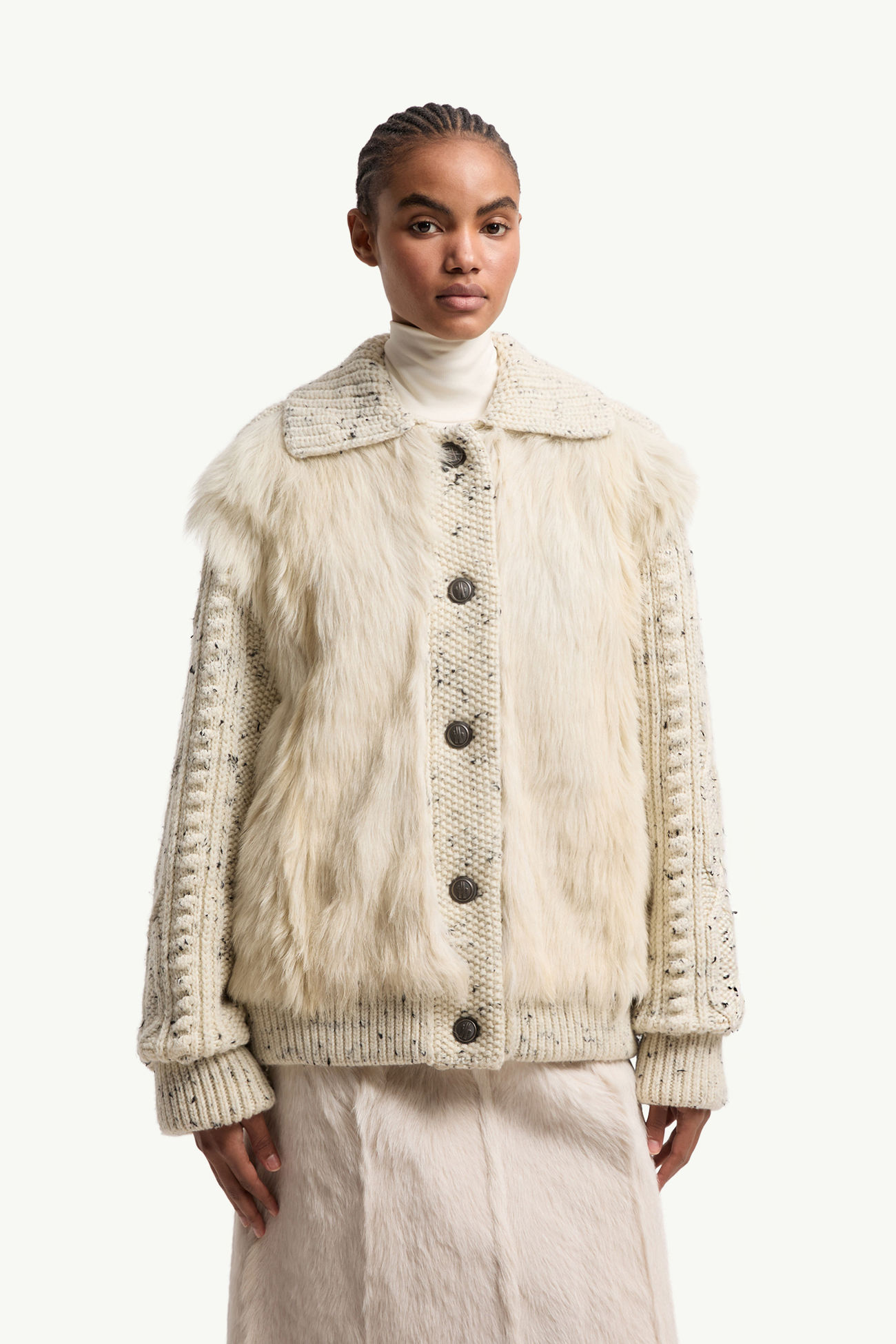 Gefütterte Wollstrickjacke mit Shearling-Besatz Damen Weiß-Elfenbein Moncler 3