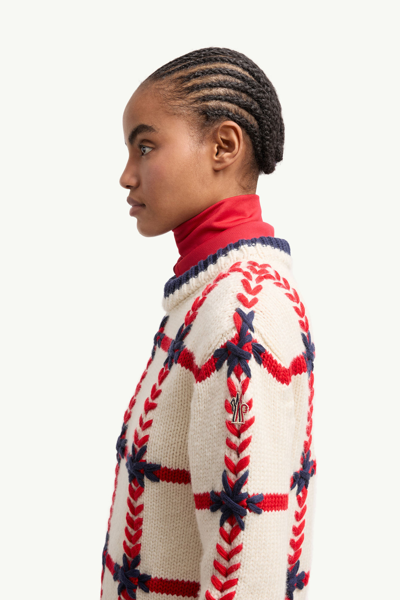 Jersey de mezcla de lana con cuello de tortuga bordado Mujer Blanco & Azul & Rojo Moncler 1