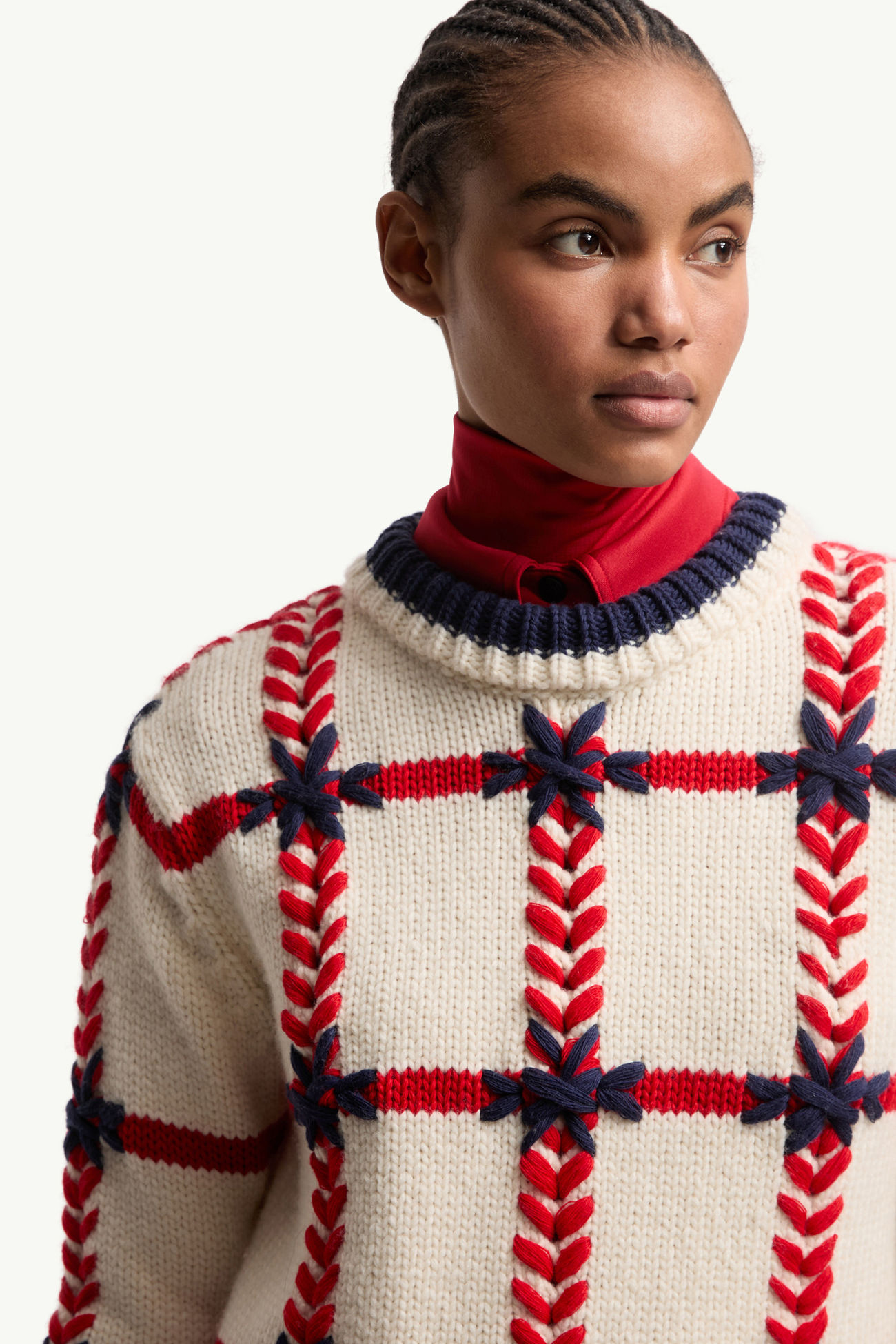 Jersey de mezcla de lana con cuello de tortuga bordado Mujer Blanco & Azul & Rojo Moncler 5