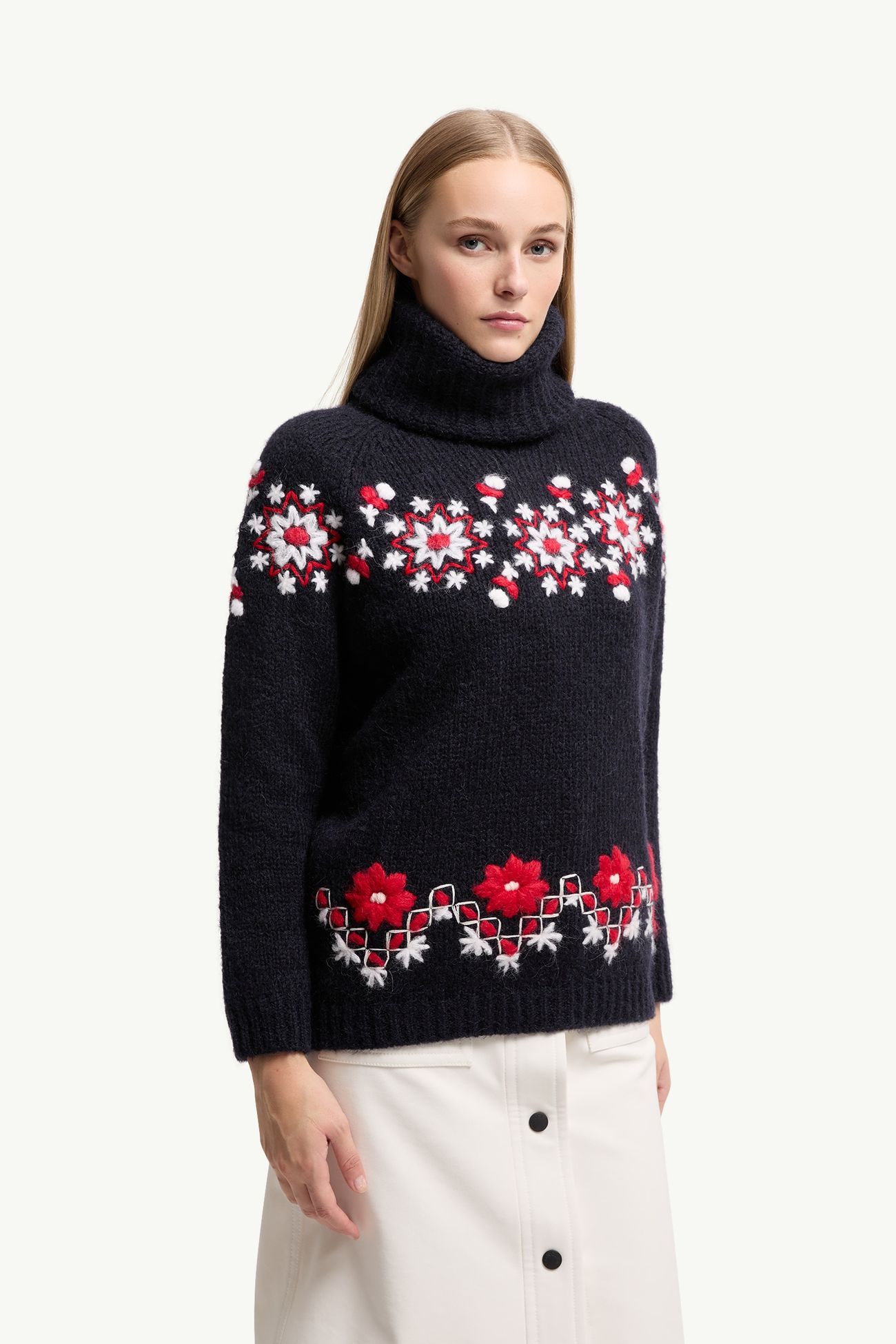 Handbestickter Rollkragenpullover aus Alpaka und Wolle Damen Navyblau Moncler 3