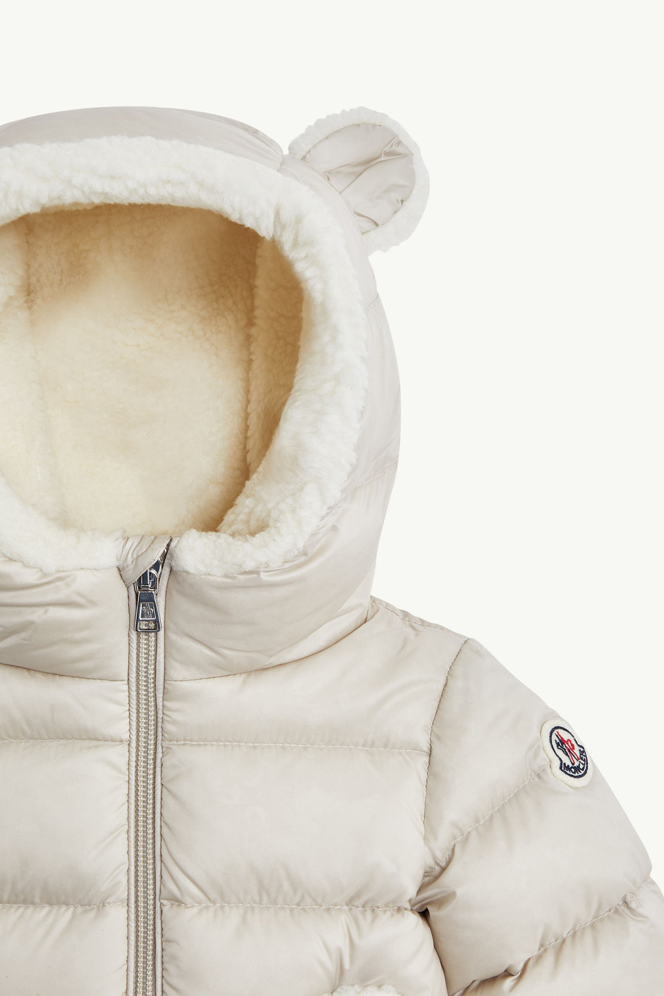 Borgan Hooded Teddy-Trimmed Down Jacket Gender Neutral Ice Grey Moncler 1
