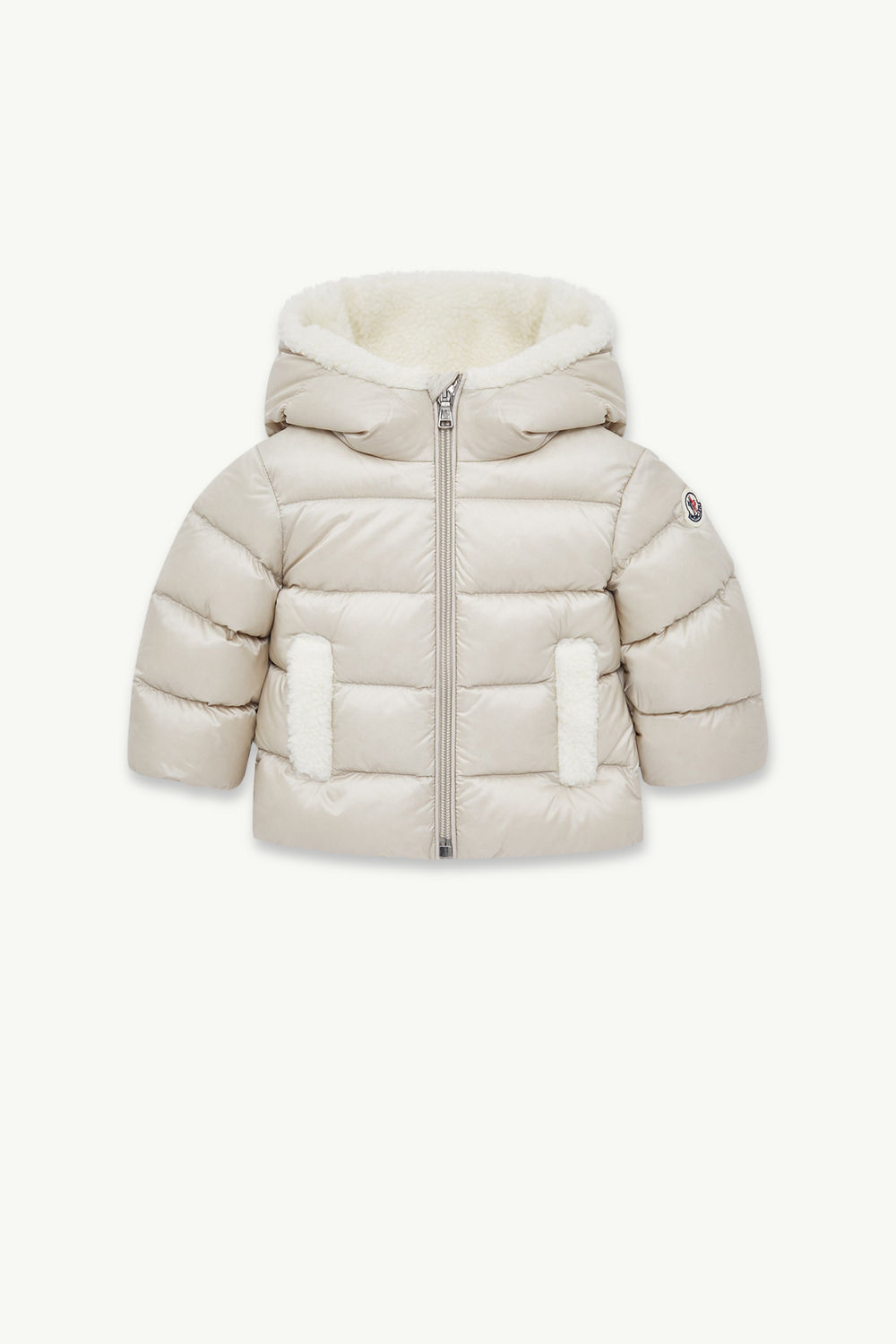Borgan Hooded Teddy-Trimmed Down Jacket Gender Neutral Ice Gray Moncler 0