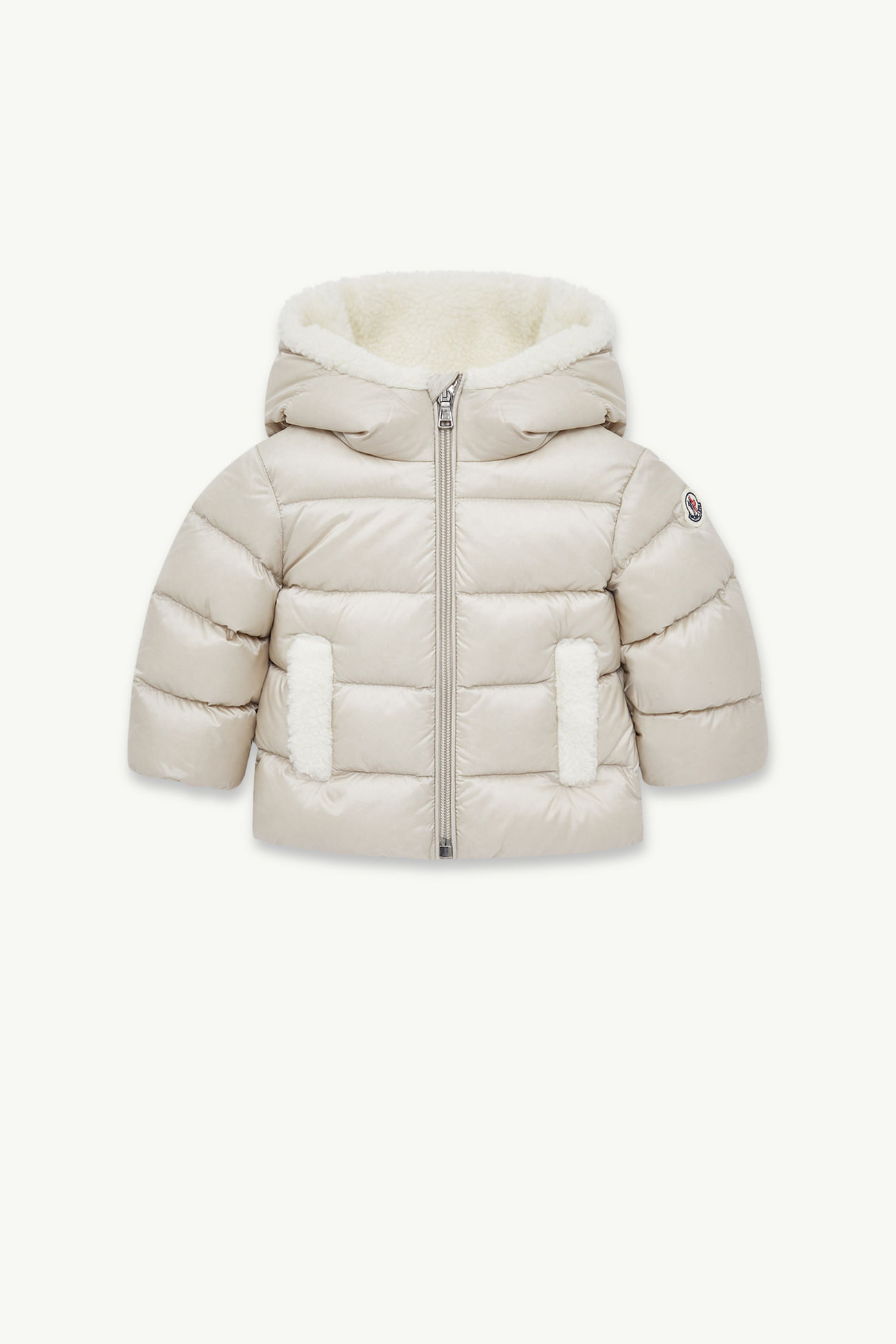 Piumino Borgan con cappuccio e orlo in pile effetto teddy Gender Neutral Grigio Ghiaccio Moncler 0
