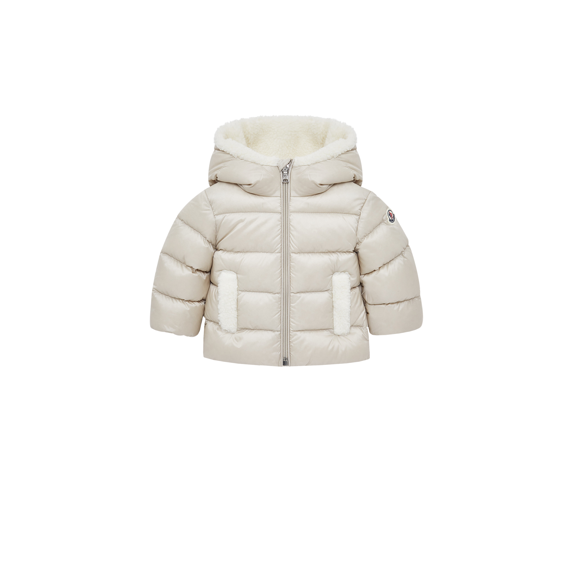 MONCLER ENFANT Borgan Hooded Teddy-Trimmed Down Jacket, Gender Neutral, Gray, Size: 18/24M