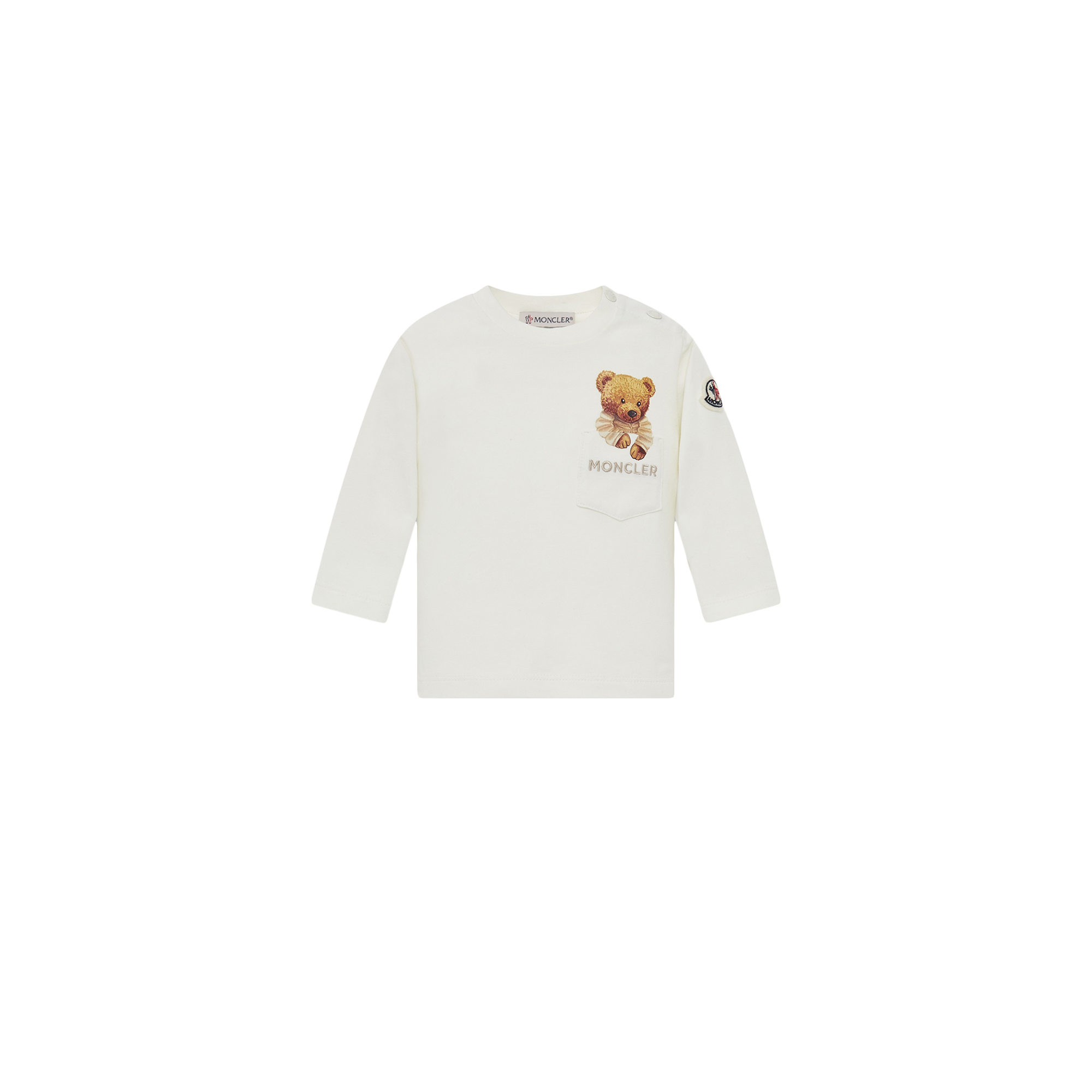MONCLER ENFANT Teddy Bear Motif Cotton T-Shirt with Pocket, Gender Neutral, White, Size: 2Y