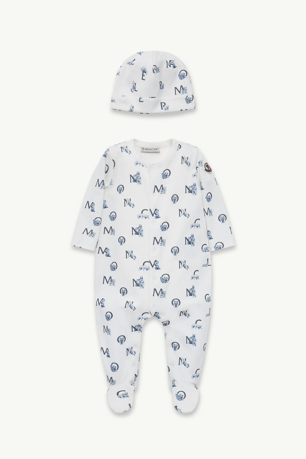 Teddy Bear Logo Print Cotton Set Boy White & Blue Moncler 0