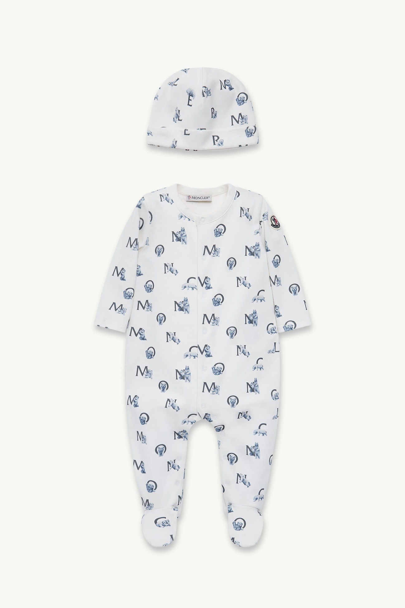Teddy Bear Logo Print Cotton Set Boy White & Blue Moncler 0