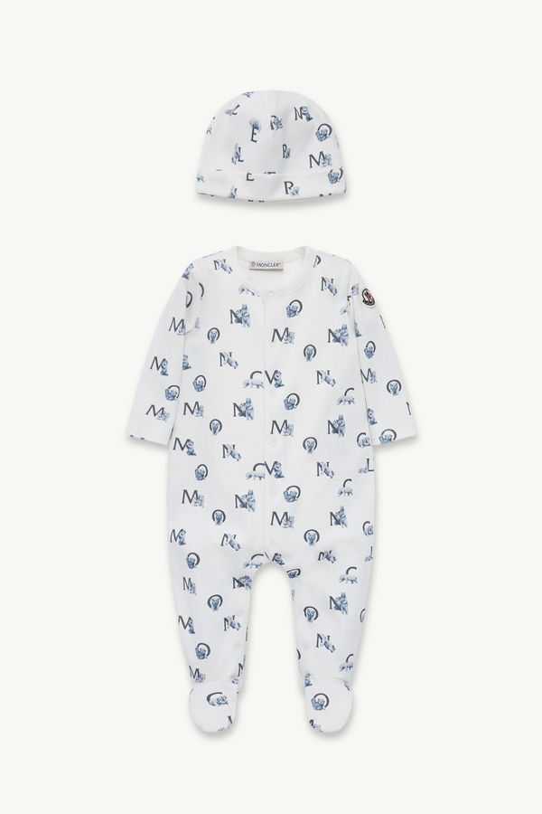 Teddy Bear Logo Print Cotton Set Boy White & Blue Moncler 0